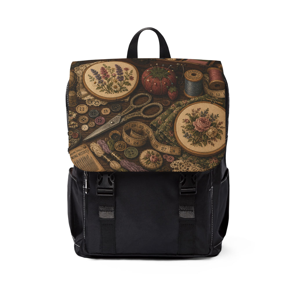 Vintage Sewing Tools Shoulder Backpack — Embroidery Scissors & Buttons Canvas Backpack