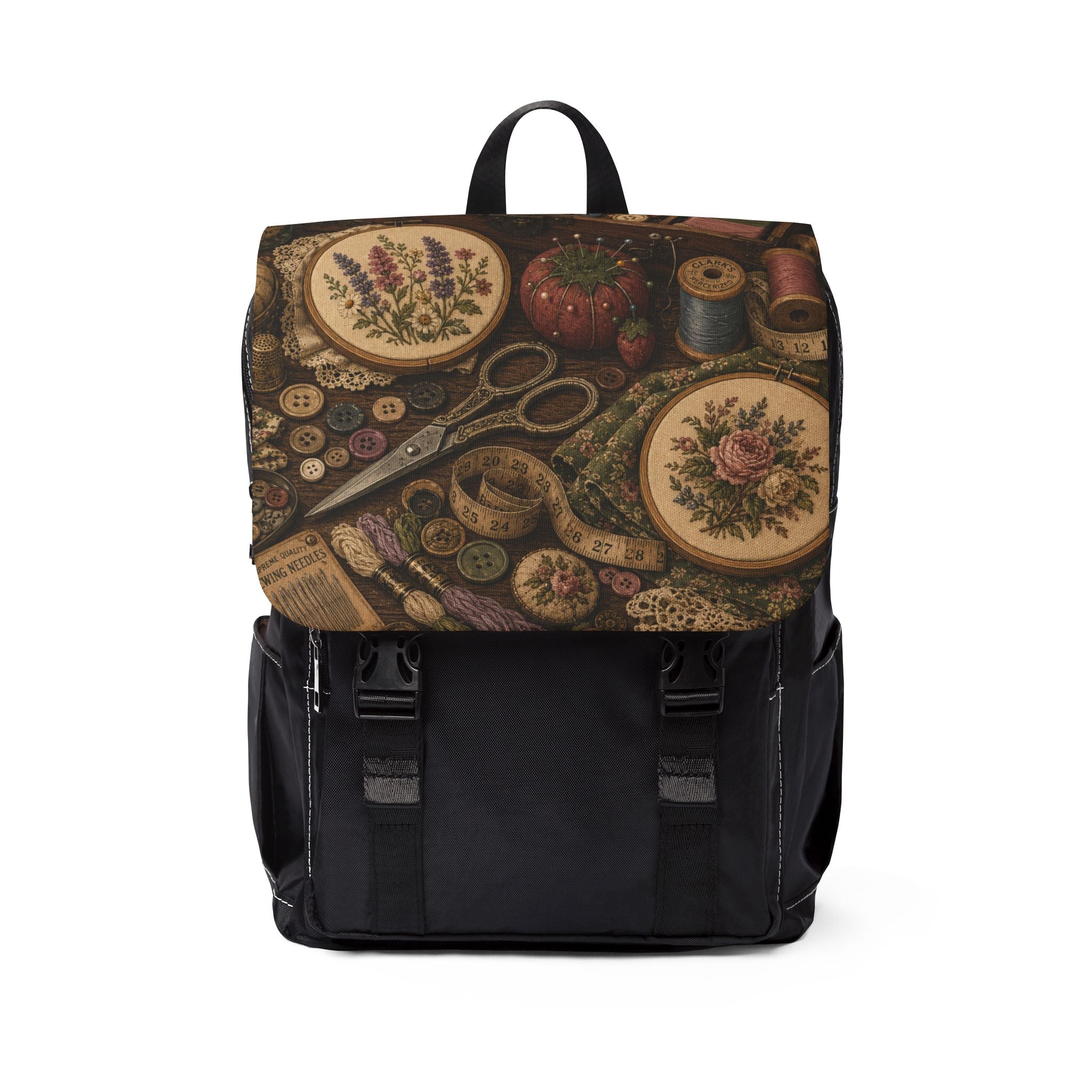Vintage Sewing Tools Shoulder Backpack — Embroidery Scissors & Buttons Canvas Backpack