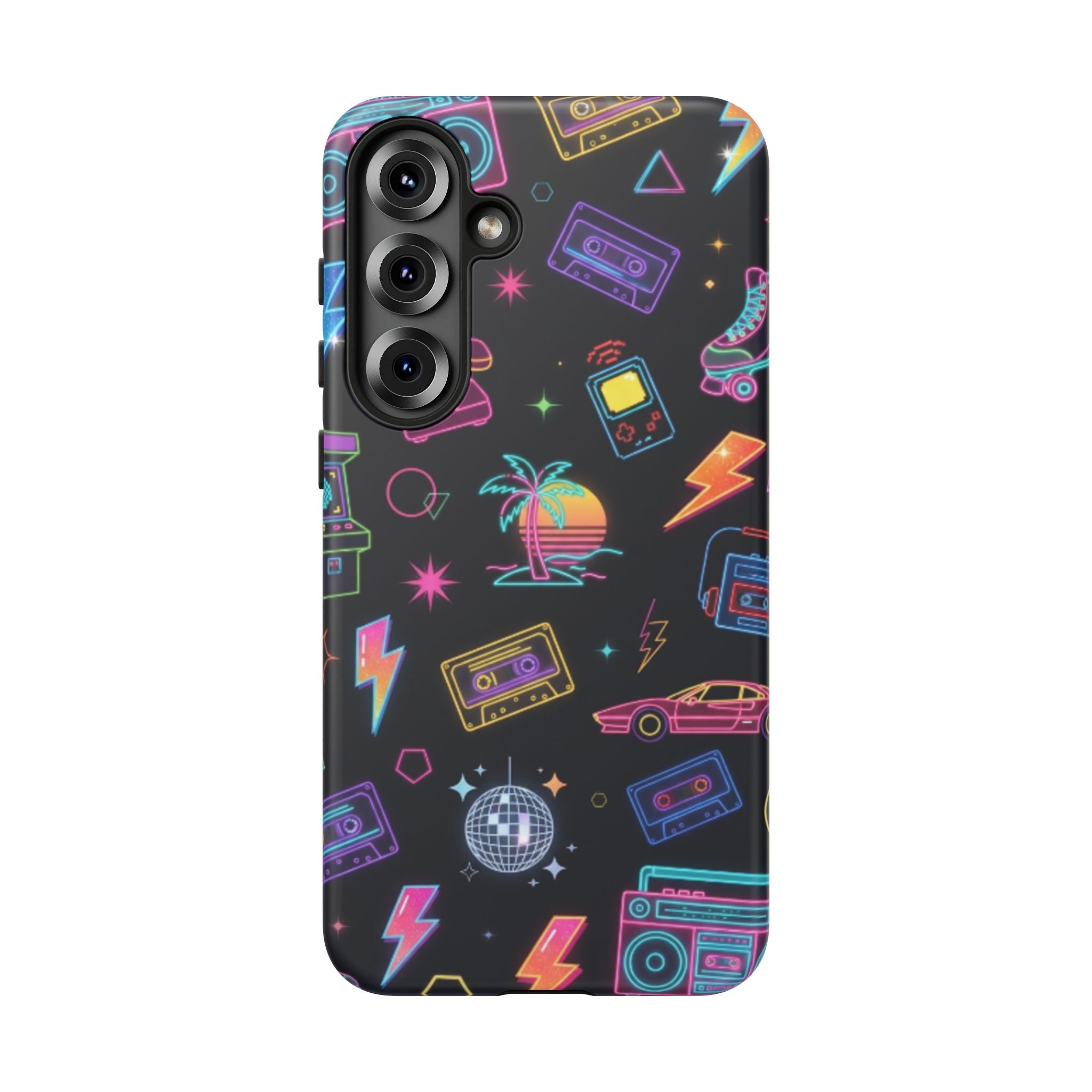 Retro Neon 80s Phone Case — Cassette, Roller Skate & Palm Tree Pattern