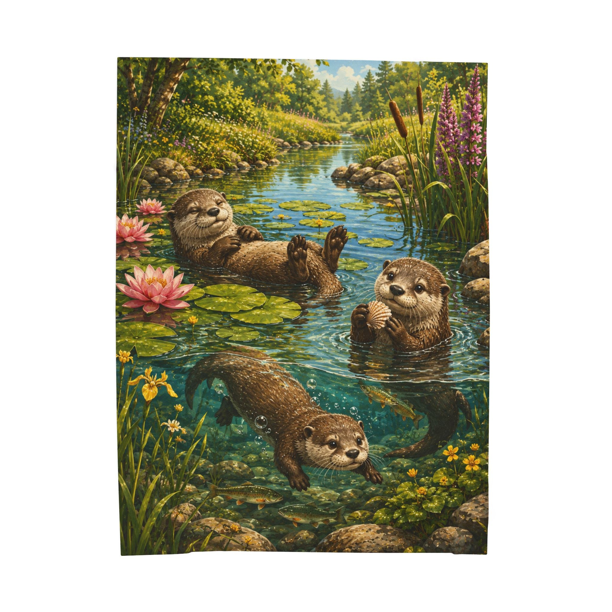 Otter Pond Velveteen Plush Blanket — Cozy Floral River Animal Throw