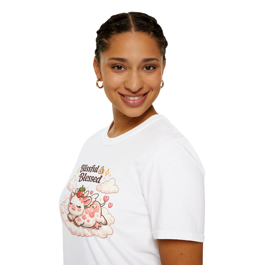 Blissful & Blessed Cute Strawberry Cow T-Shirt — Cozy Gift Tee
