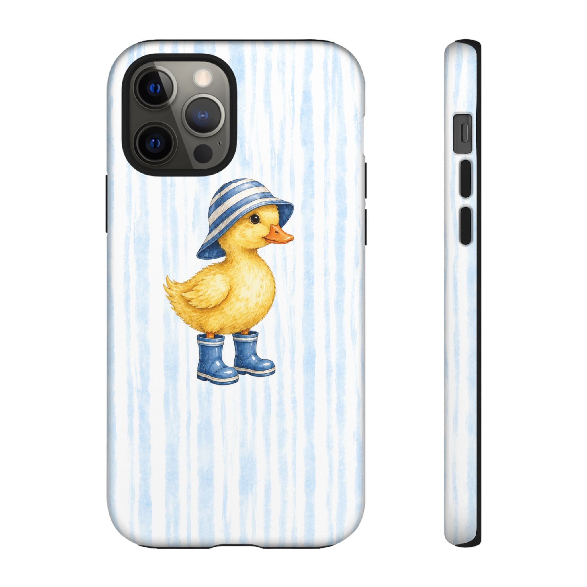 Cute Duckling Phone Case – Baby Blue Stripes with Duck in Hat & Boots