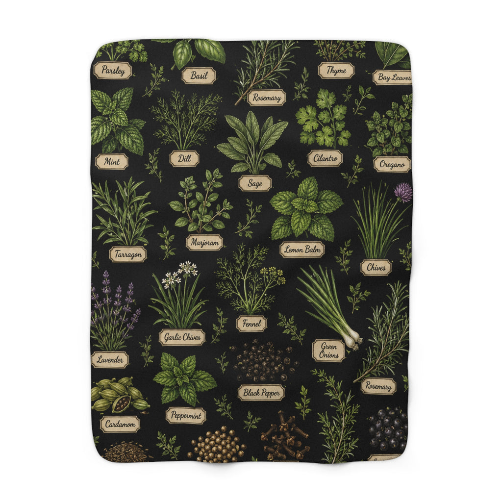 Herb Garden Sherpa Blanket — Cozy Fleece Throw with Labeled Botanical Print
