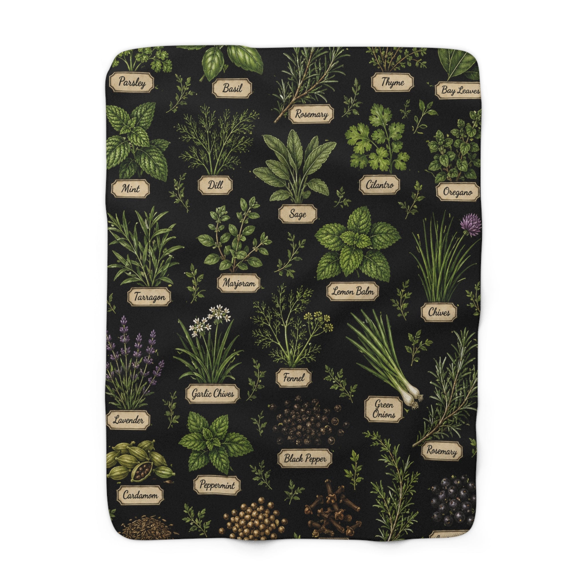 Herb Garden Sherpa Blanket — Cozy Fleece Throw with Labeled Botanical Print
