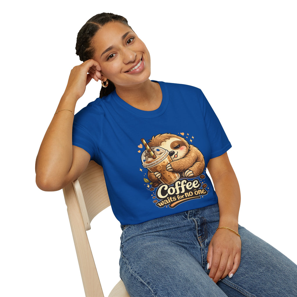 Cute Sloth Hugging Iced Coffee "Coffee Waits For No One" — T‑Shirt Gift