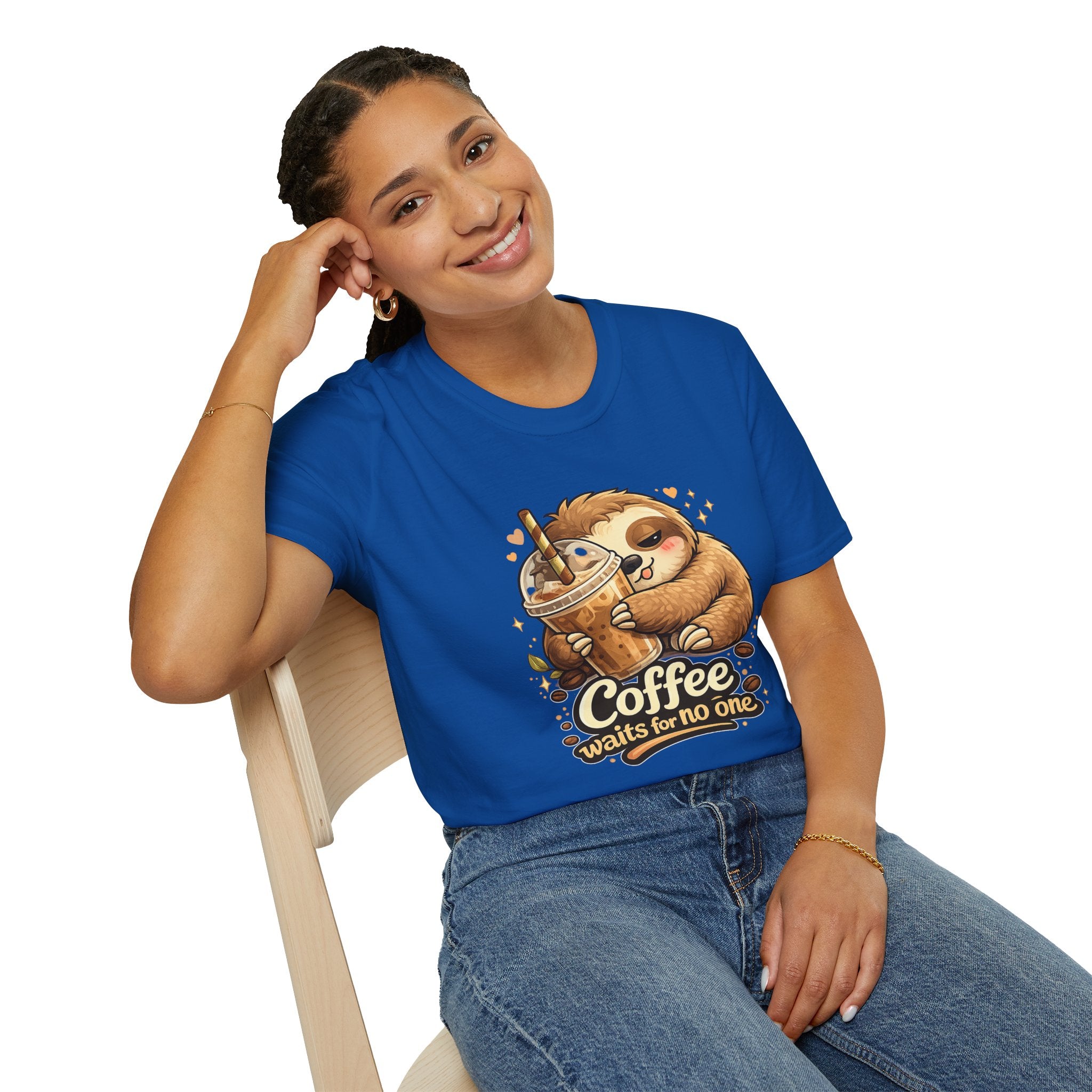 Cute Sloth Hugging Iced Coffee "Coffee Waits For No One" — T‑Shirt Gift