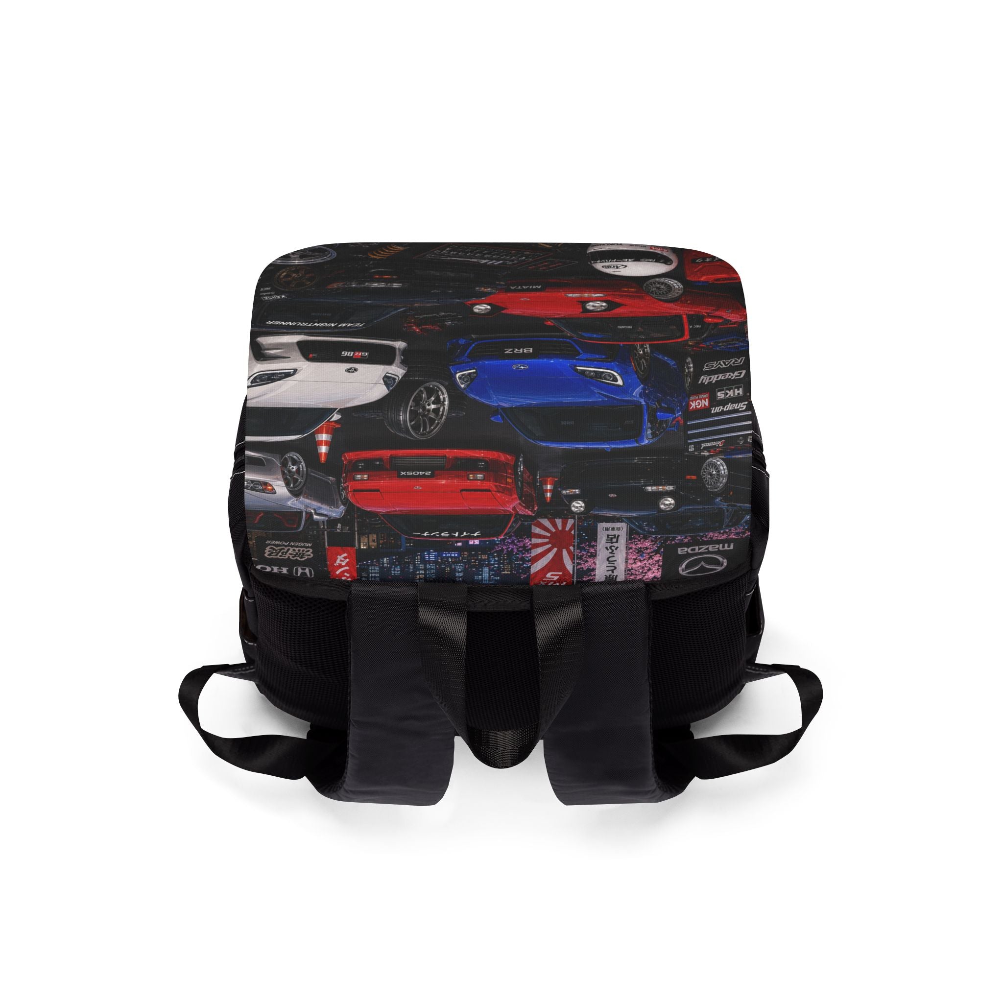 Sports Car Collage Shoulder Backpack — Racing Cars Print Shoulder Bag