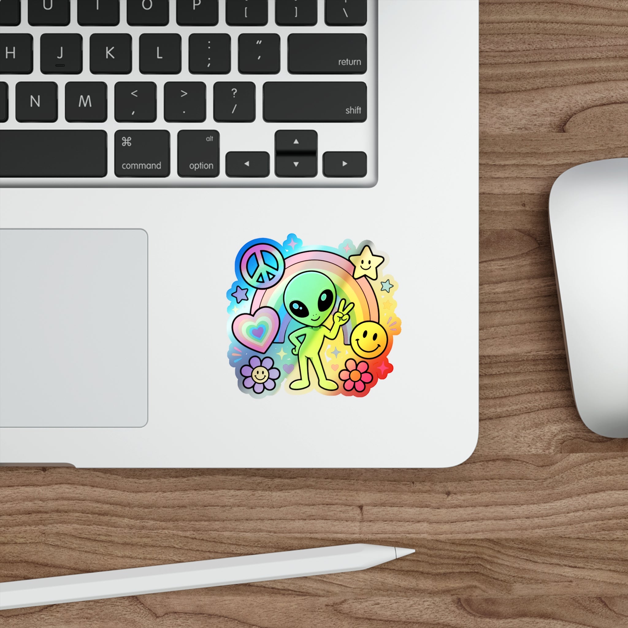 Holographic Alien Peace Sticker — Rainbow Psychedelic Die-Cut Sticker #03