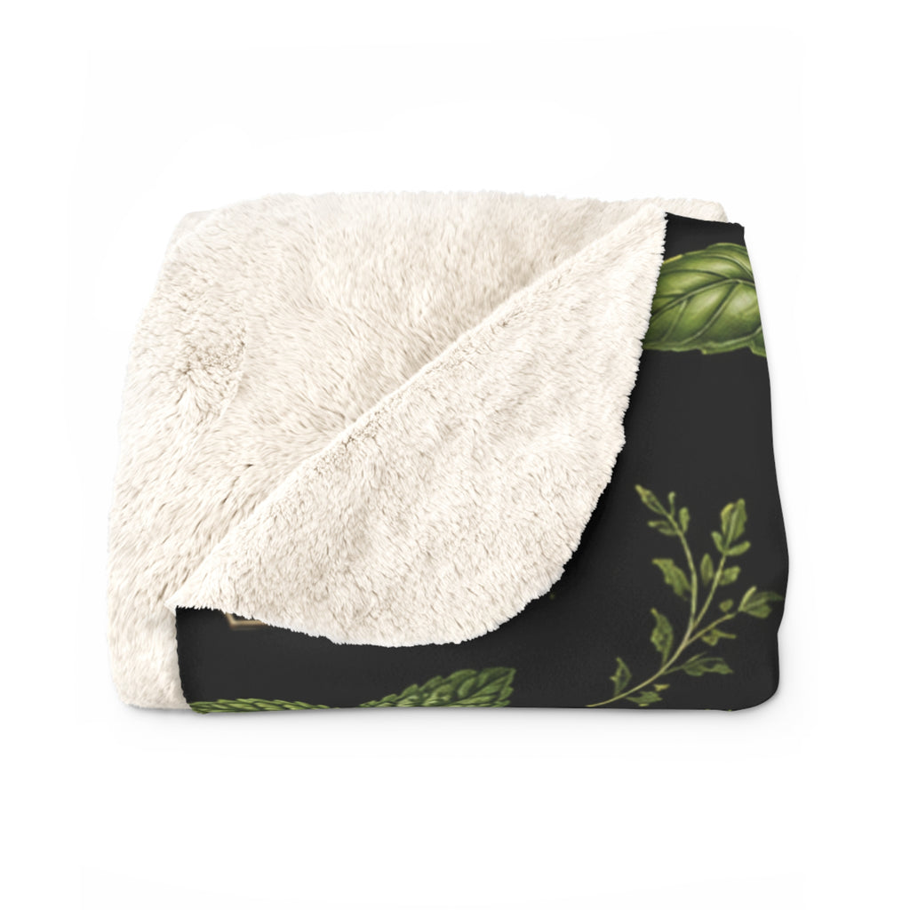 Herb Garden Sherpa Blanket — Cozy Fleece Throw with Labeled Botanical Print