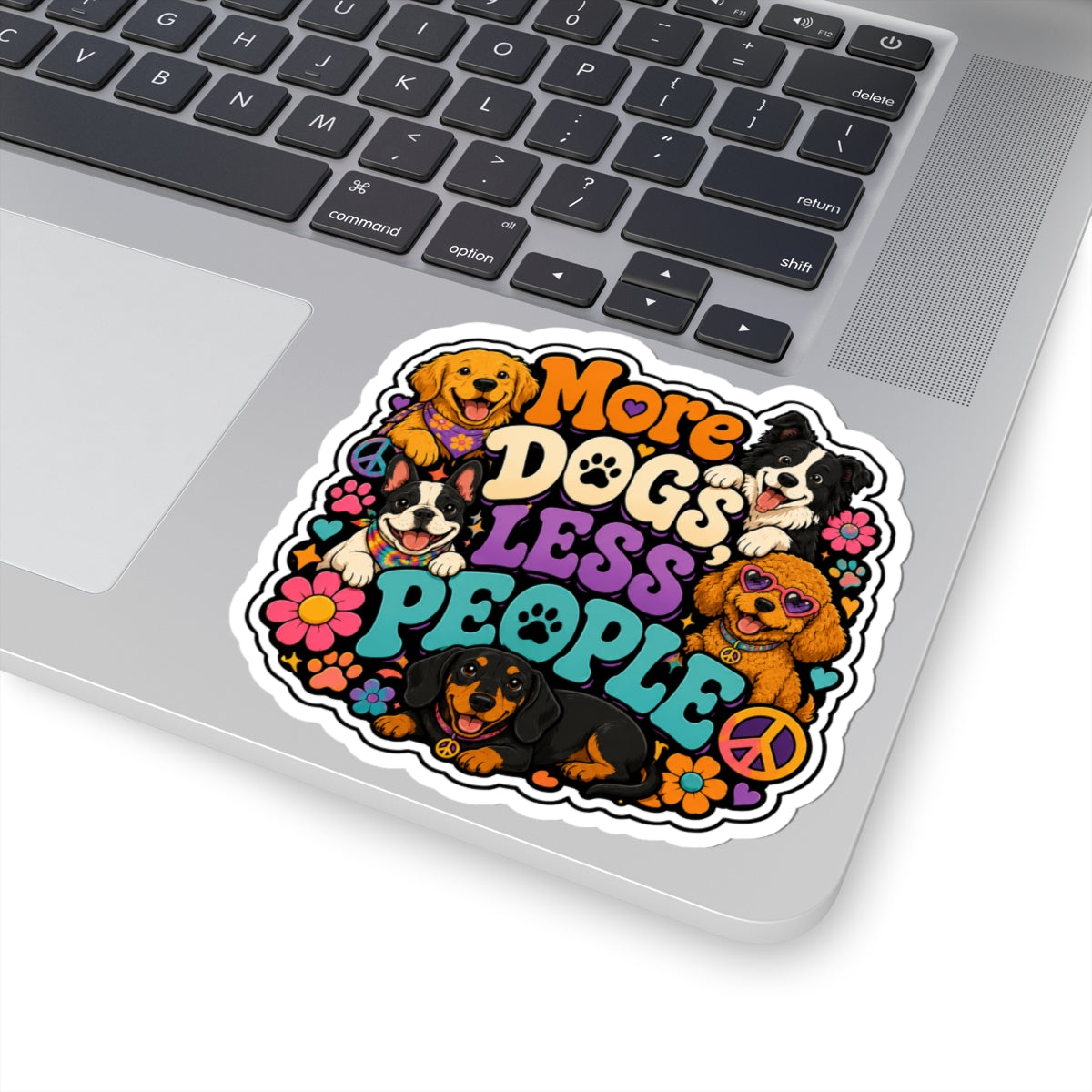 More Dogs Less People Sticker — Retro Hippie Dog Laptop Kiss-Cut Sticker