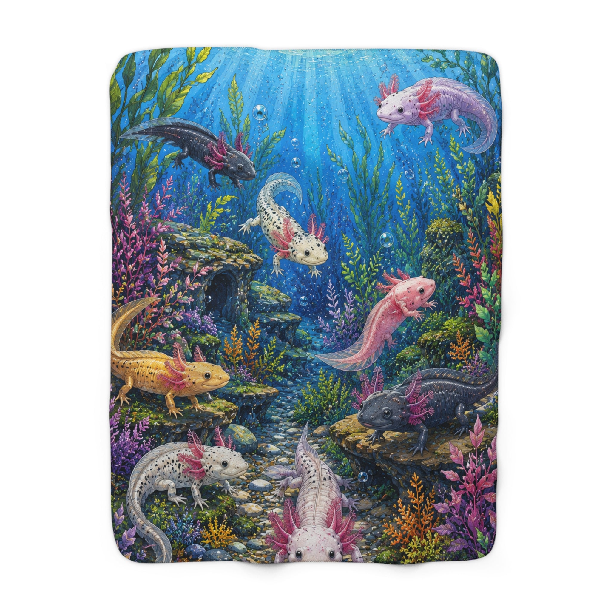 Axolotl Underwater Sherpa Blanket — Colorful Aquatic Creature Fleece Throw