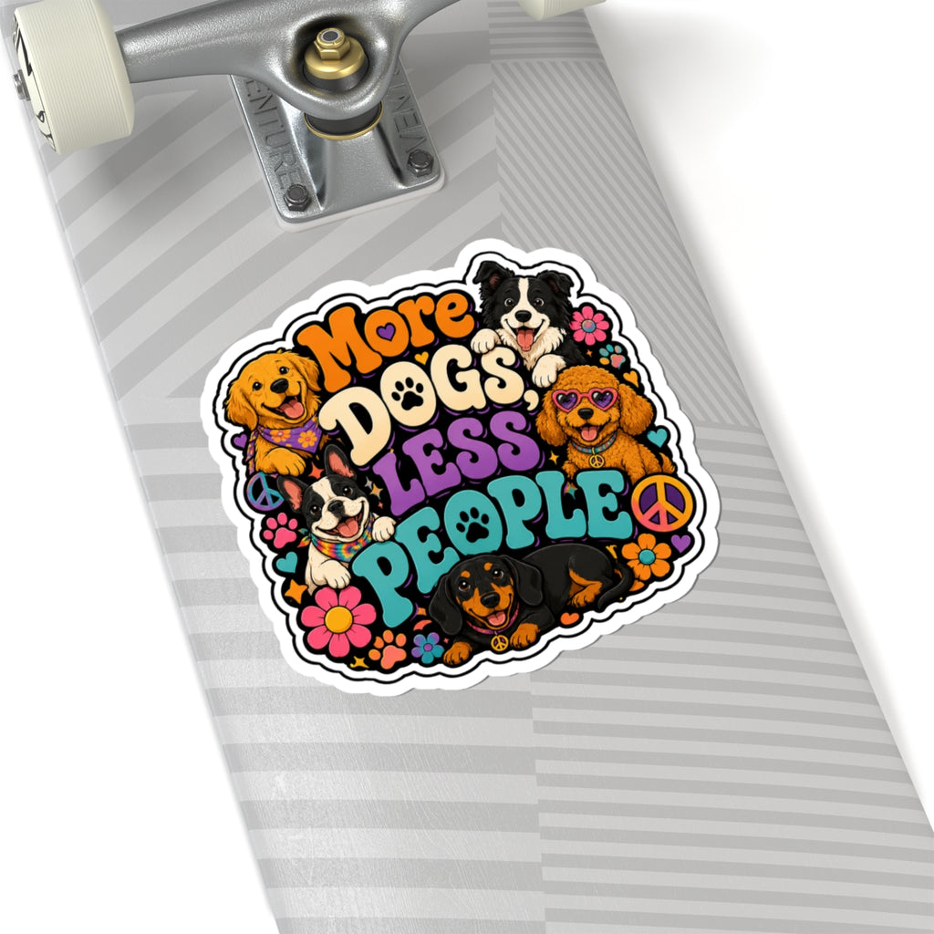 More Dogs Less People Sticker — Retro Hippie Dog Laptop Kiss-Cut Sticker
