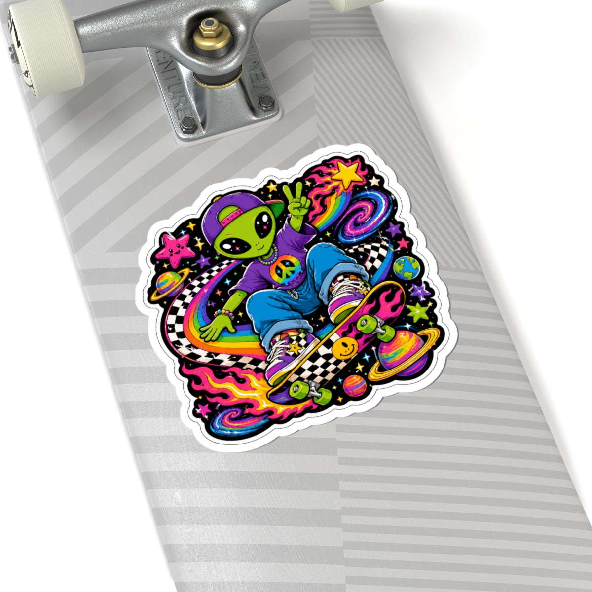 Alien Sk8er Sticker — Psychedelic Peace Sign Skateboard Kiss-Cut Sticker
