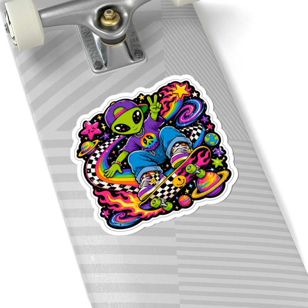 Alien Skateboarder Kiss-Cut Sticker — Neon Cosmic Peace Sign
