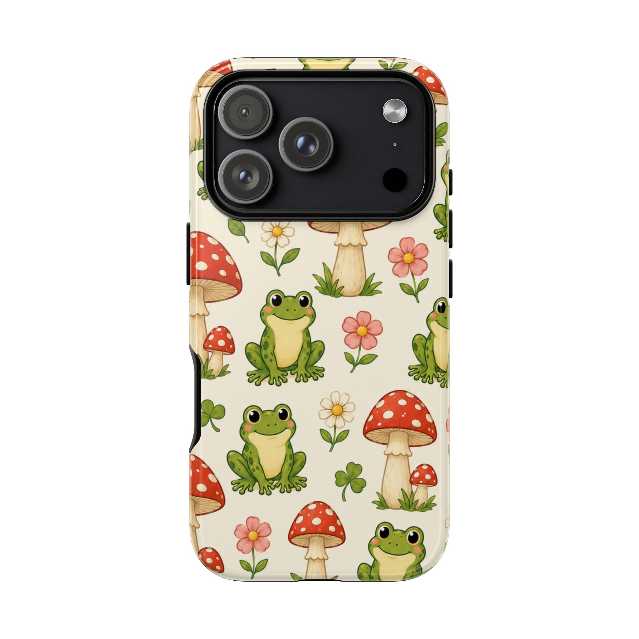 Kawaii Frog & Red Capped Mushroom Phone Case – Cute Nature Pattern Protective Cover