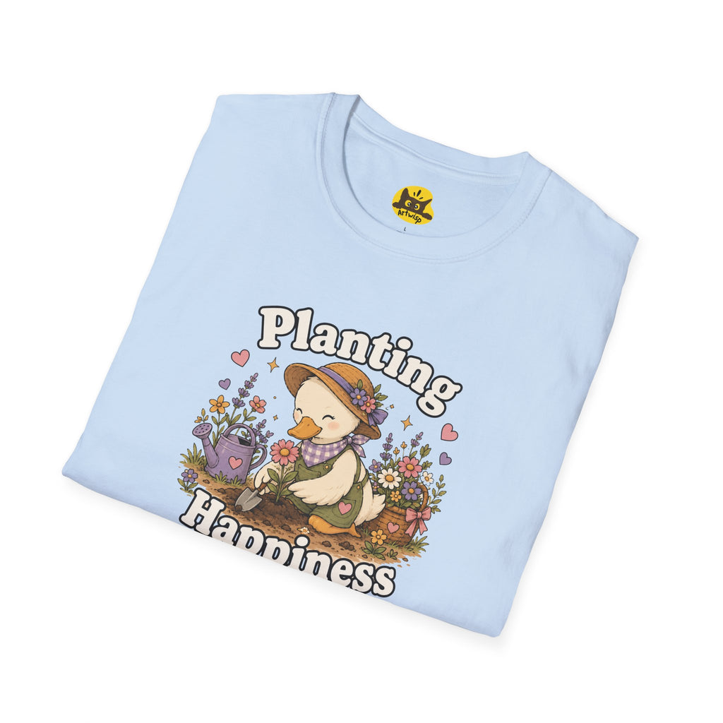 T-Shirt — "Planting Happiness" Cute Duck Gardening Graphic Tee