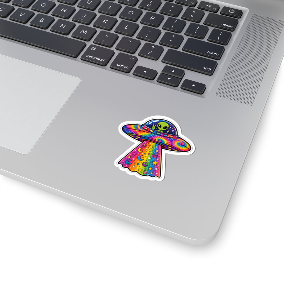Psychedelic Alien UFO Sticker — Rainbow Tie-Dye Peace & Stars Kiss-Cut