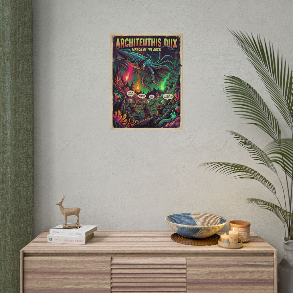 Architeuthis Dux 'Terror of the Abyss' Retro Sci‑Fi Poster — Deep Sea Kraken Neon Pop Art Print