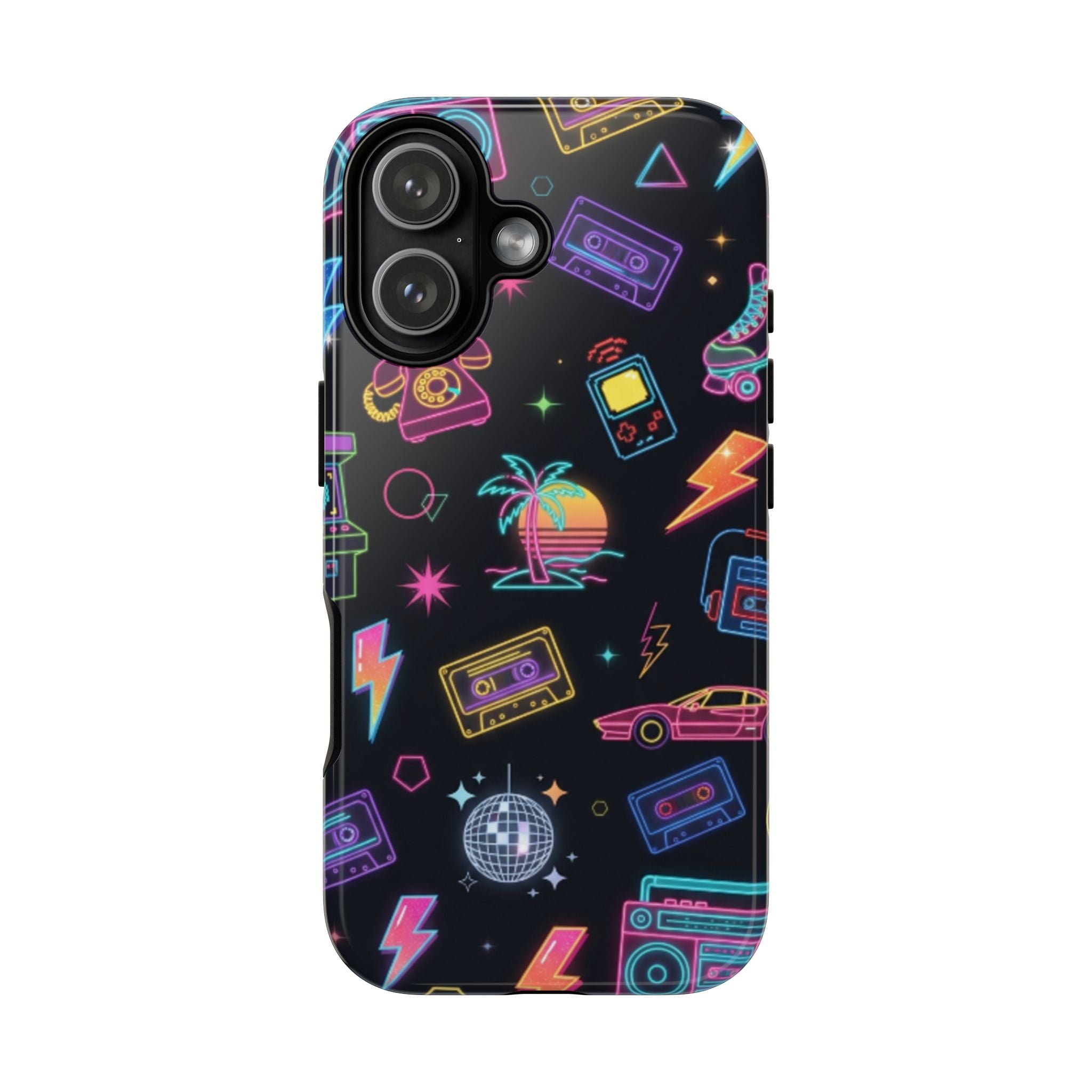 Retro Neon 80s Phone Case — Cassette, Roller Skate & Palm Tree Pattern