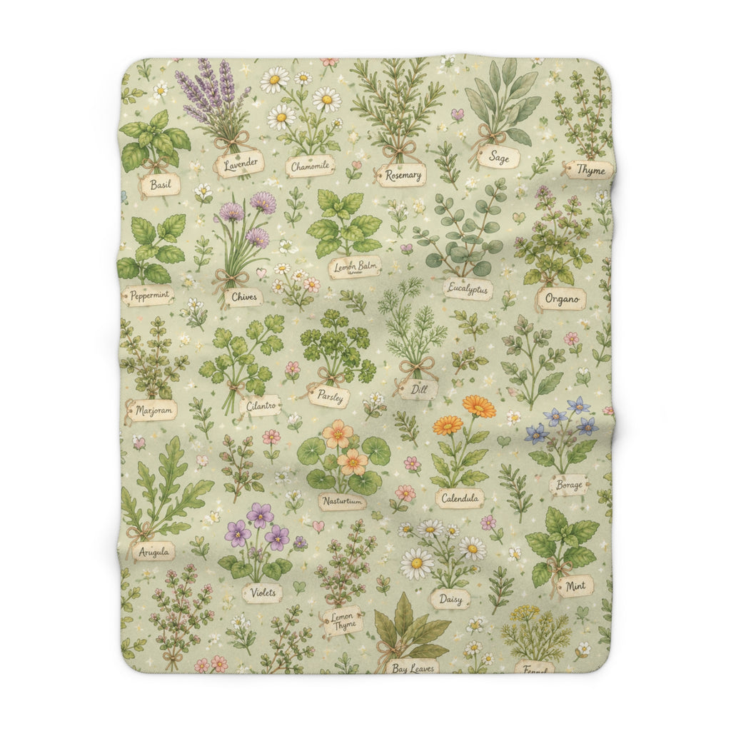 Pastel Herbal Garden Sherpa Blanket — Botanical Labeled Herbs Fleece Throw
