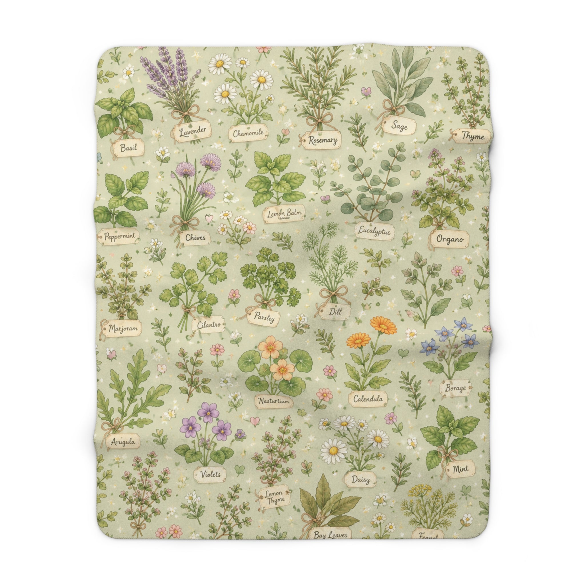 Pastel Herbal Garden Sherpa Blanket — Botanical Labeled Herbs Fleece Throw