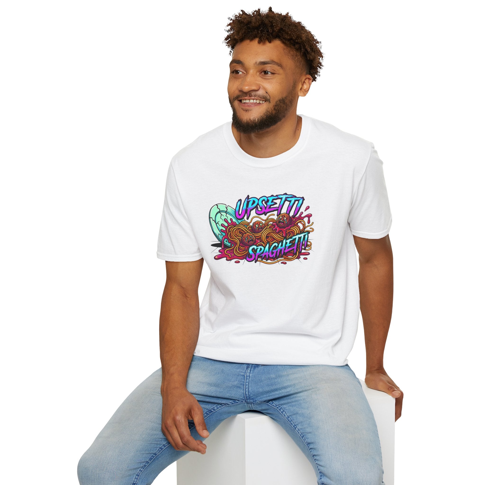 Upsetti Spaghetti T-Shirt — Funny Cartoon Spilled Pasta Graphic Tee
