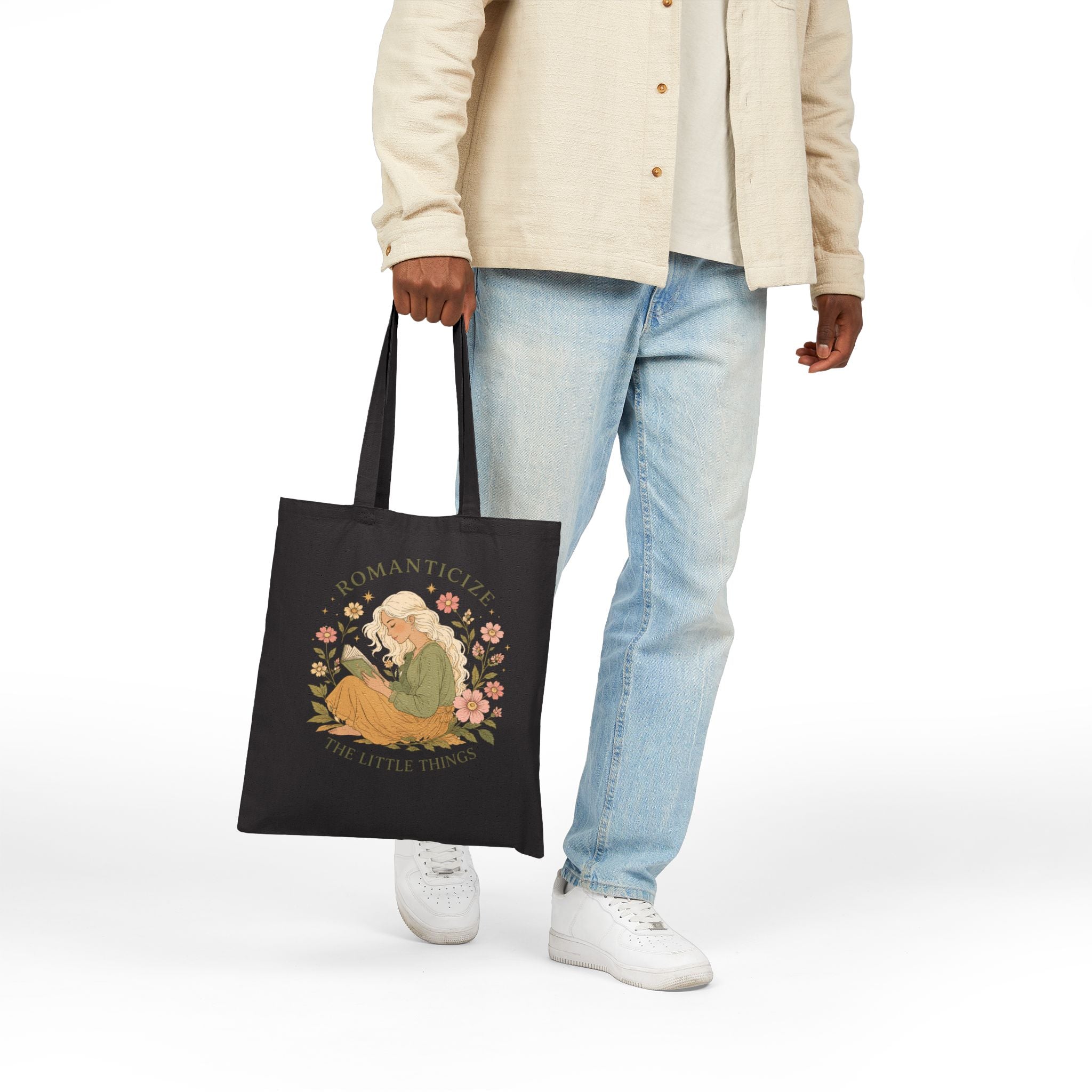 Tote Bag — "Romanticize the Little Things" Floral Book Lover Canvas Tote