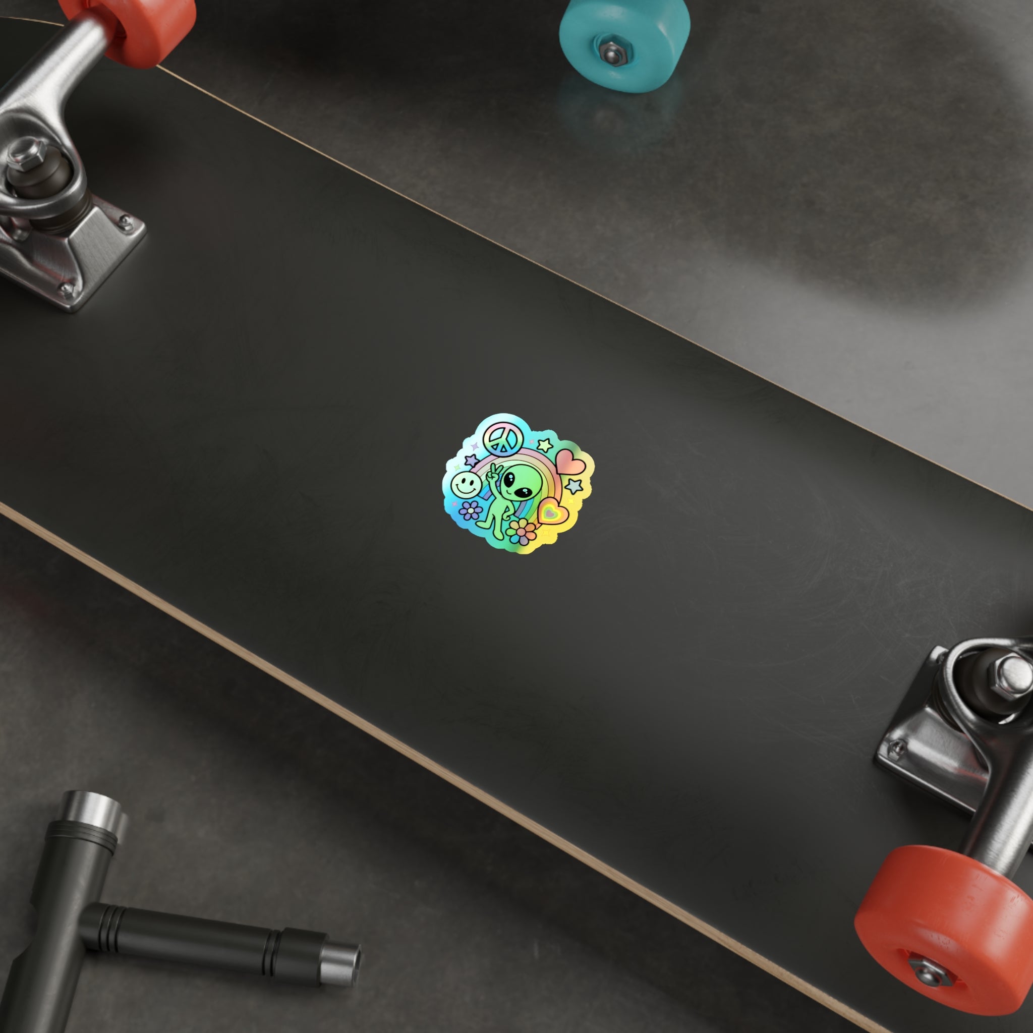 Holographic Alien Peace Sticker — Rainbow Die-Cut Vinyl #02