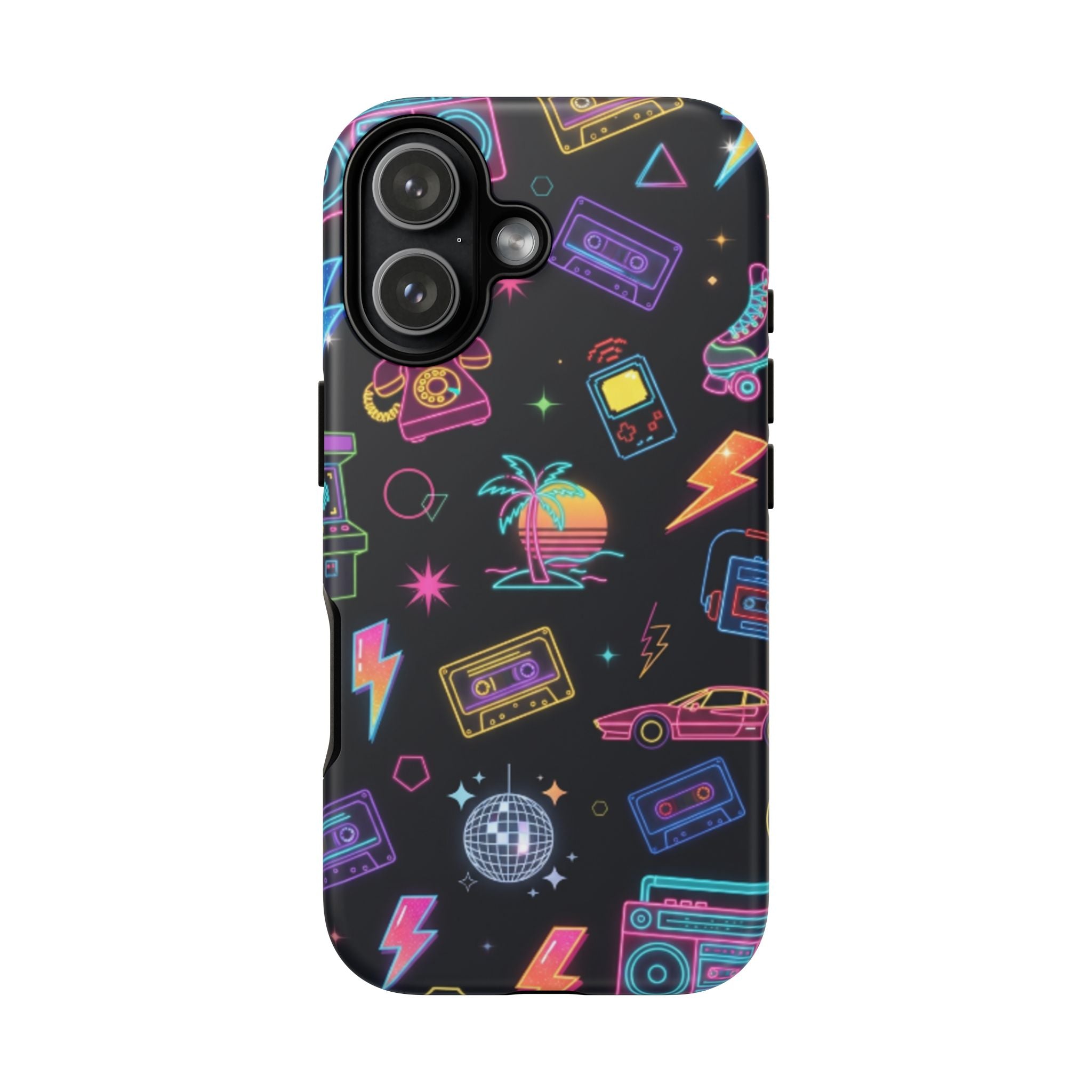 Retro Neon 80s Phone Case — Cassette, Roller Skate & Palm Tree Pattern