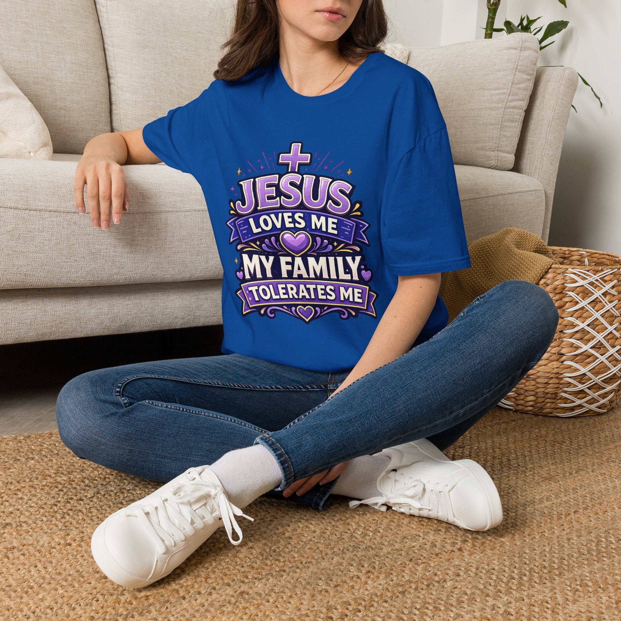 Christian T-Shirt — "Jesus Loves Me, My Family Tolerates Me" Graphic Tee