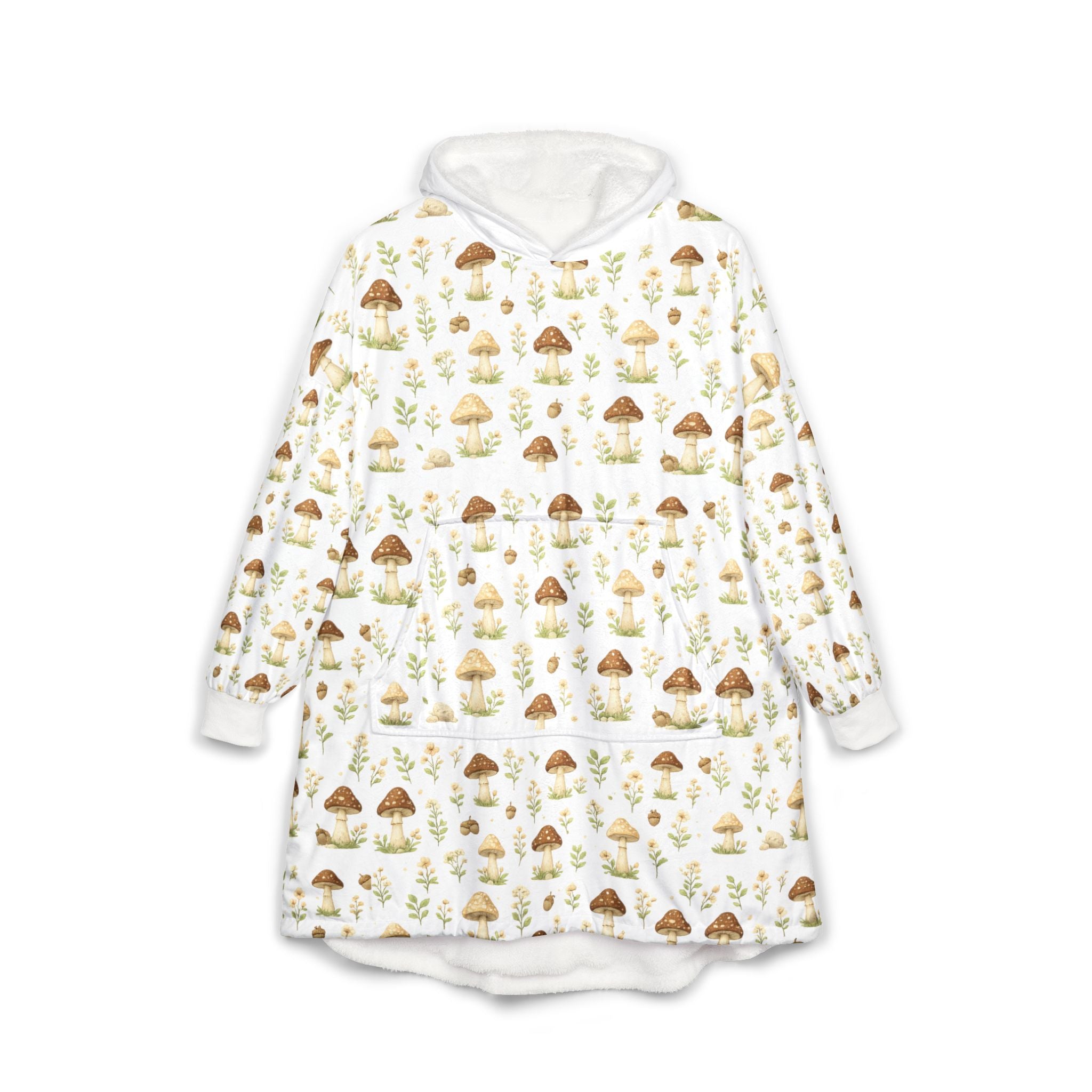 Cottage Core Oversized Unisex Hooded Blanket — Cozy Mushroom Pattern Sherpa Hooded Throw