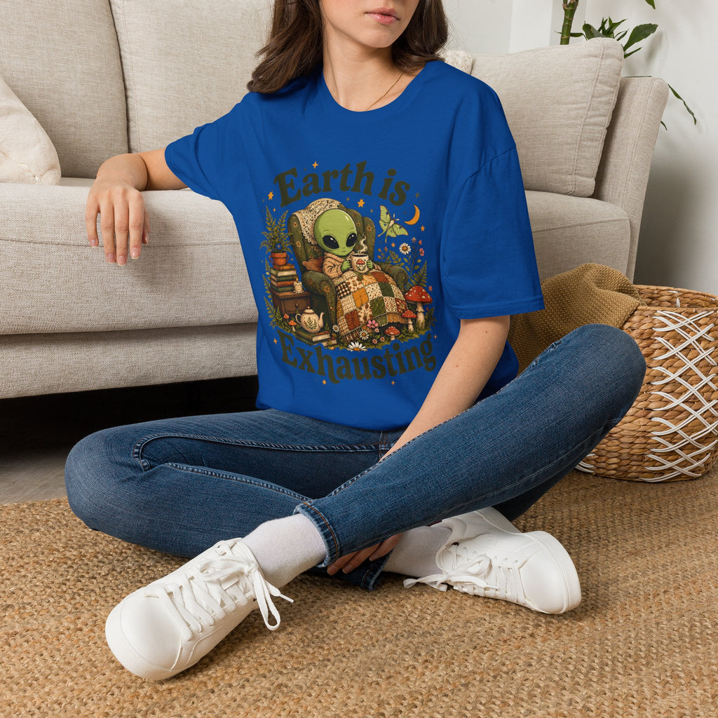 Earth Is Exhausting Alien T-Shirt — Cute Retro Cozy Space Graphic Tee