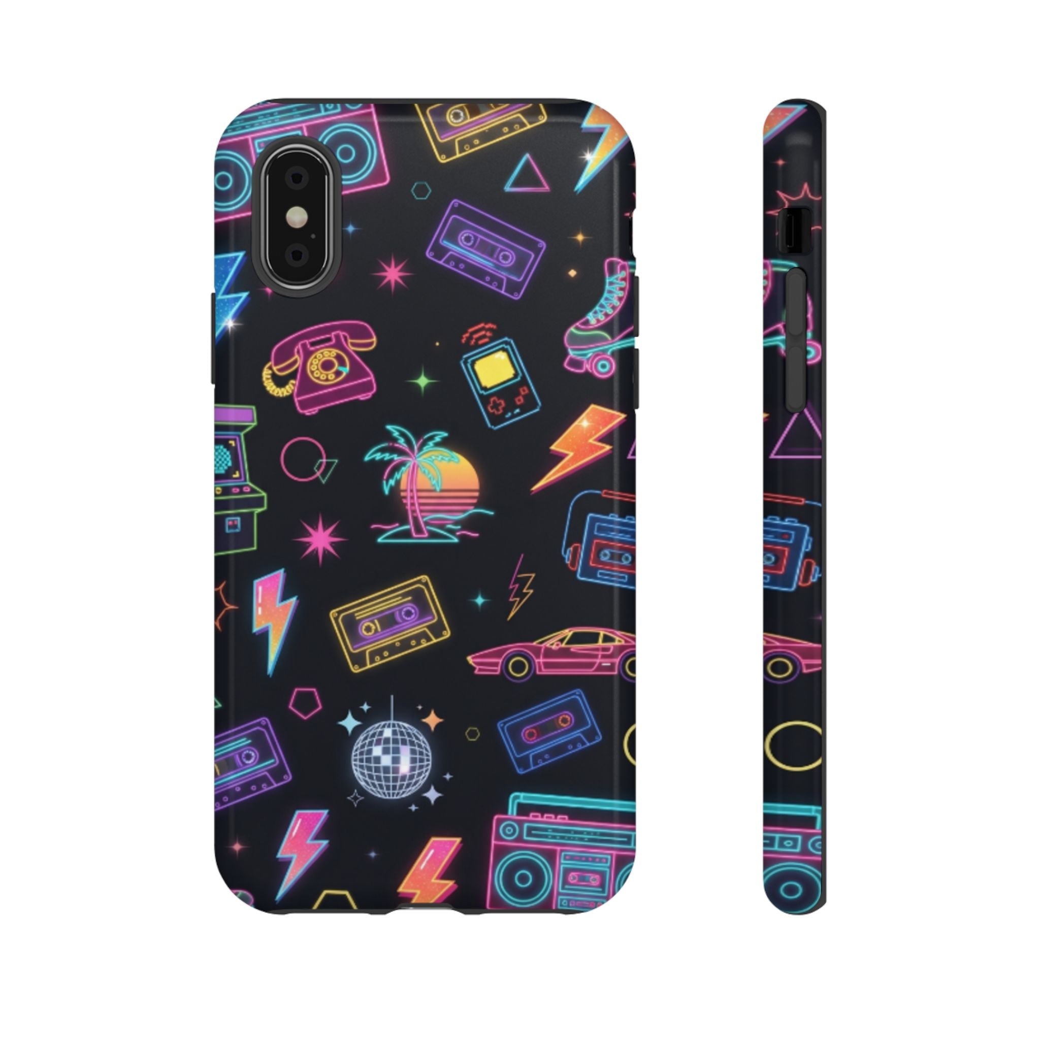 Retro Neon 80s Phone Case — Cassette, Roller Skate & Palm Tree Pattern