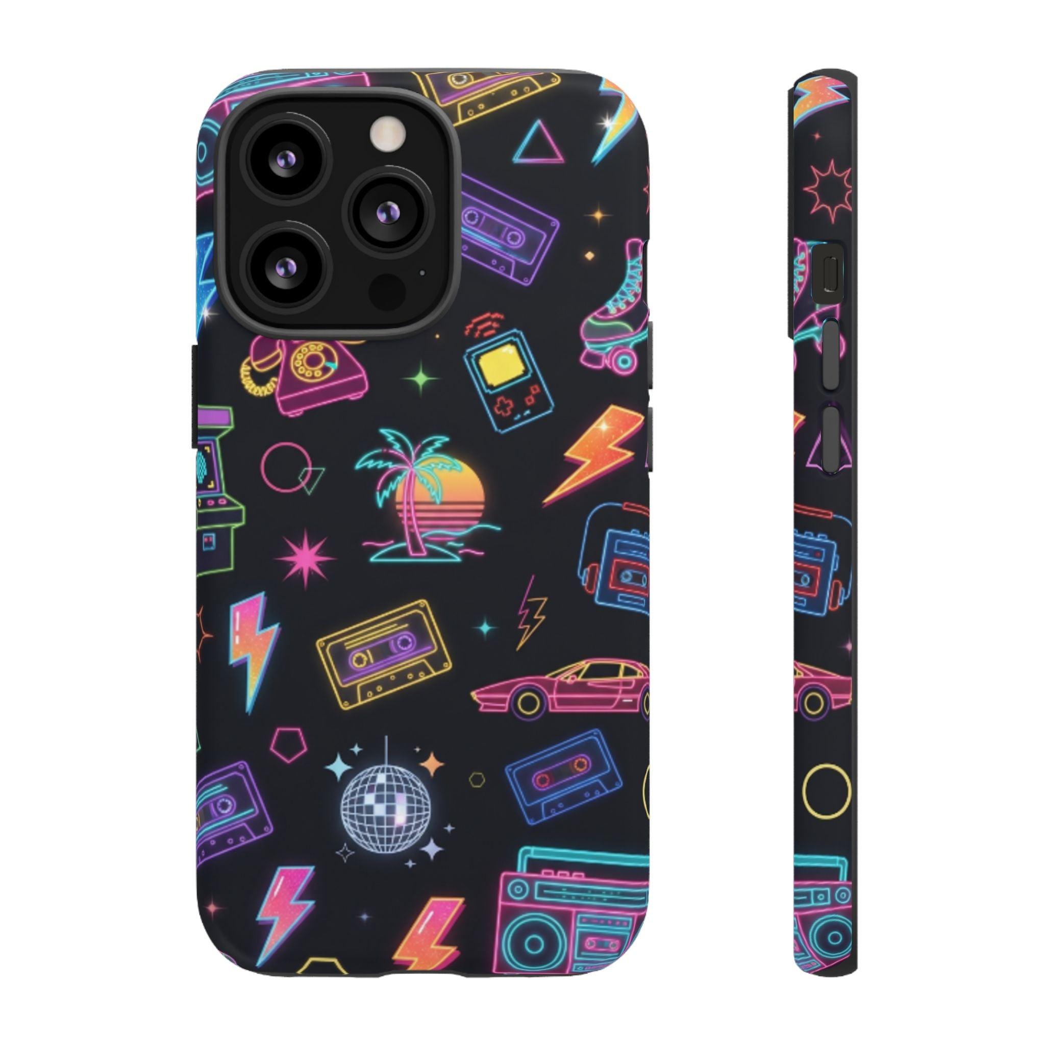 Retro Neon 80s Phone Case — Cassette, Roller Skate & Palm Tree Pattern