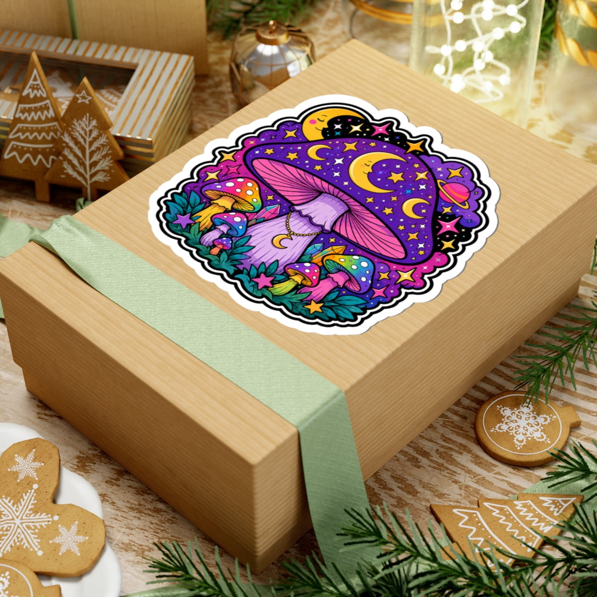 Psychedelic Moon Mushroom Sticker — Colorful Night Sky Kiss-Cut Sticker