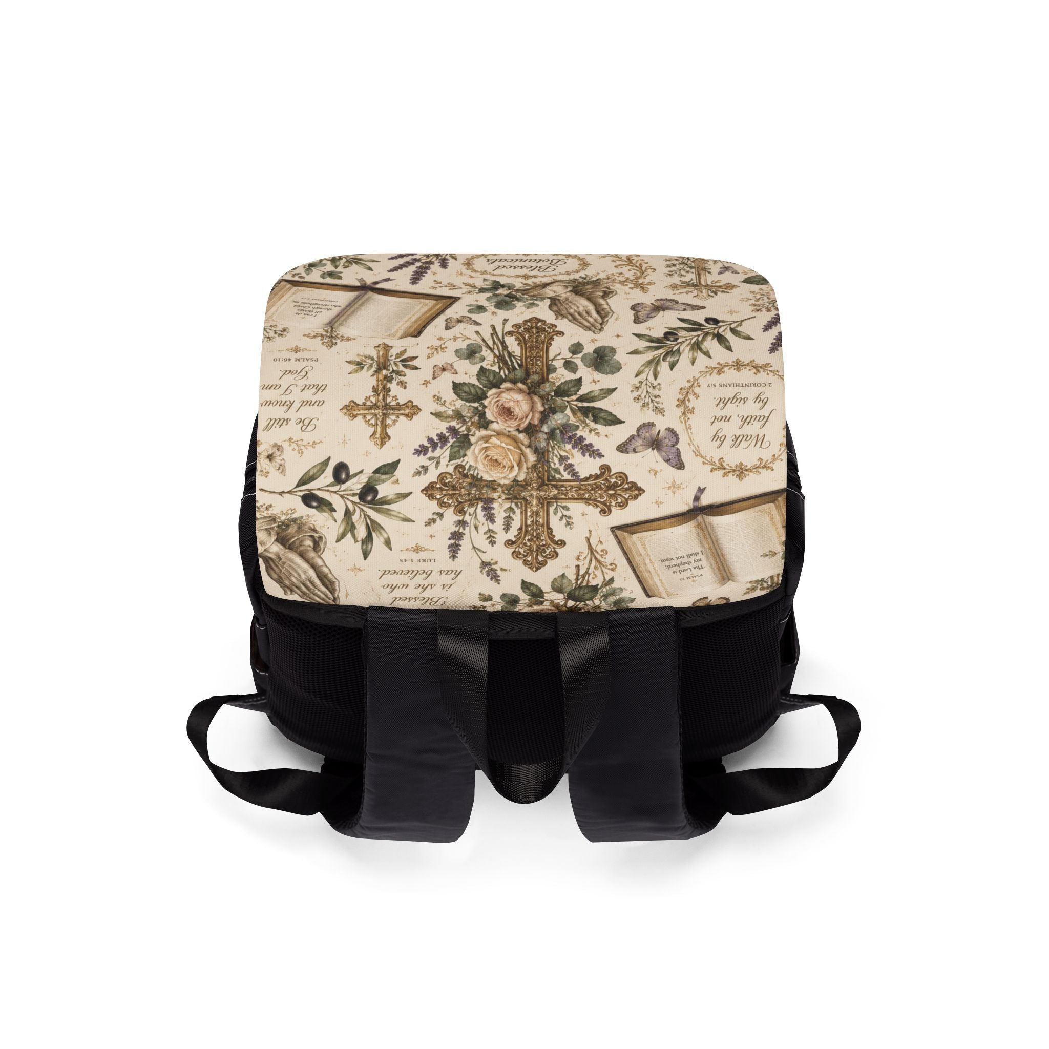 Vintage Prayer Garden Shoulder Backpack — 'Blessed Botanicals' Book & Praying Hands Design