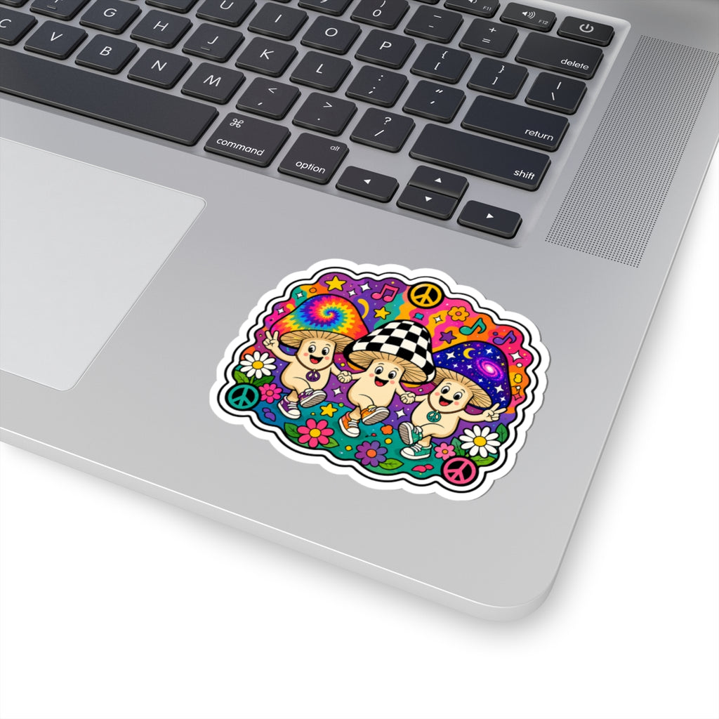 Psychedelic Mushroom Trio Kiss-Cut Sticker — Cute Hippie Peace & Flowers