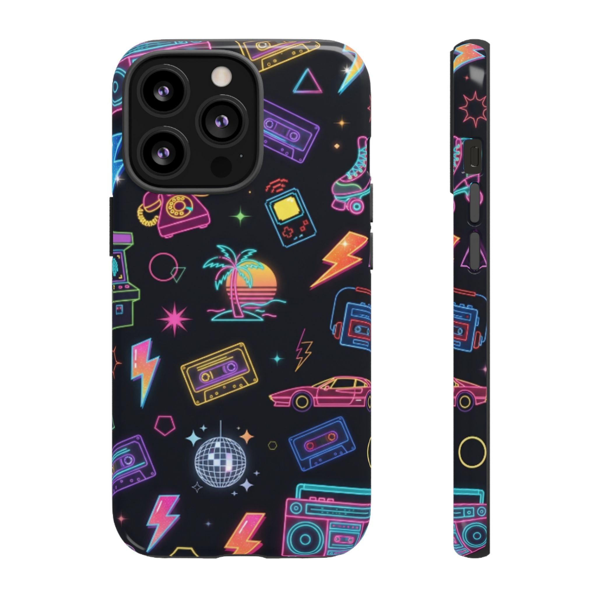 Retro Neon 80s Phone Case — Cassette, Roller Skate & Palm Tree Pattern