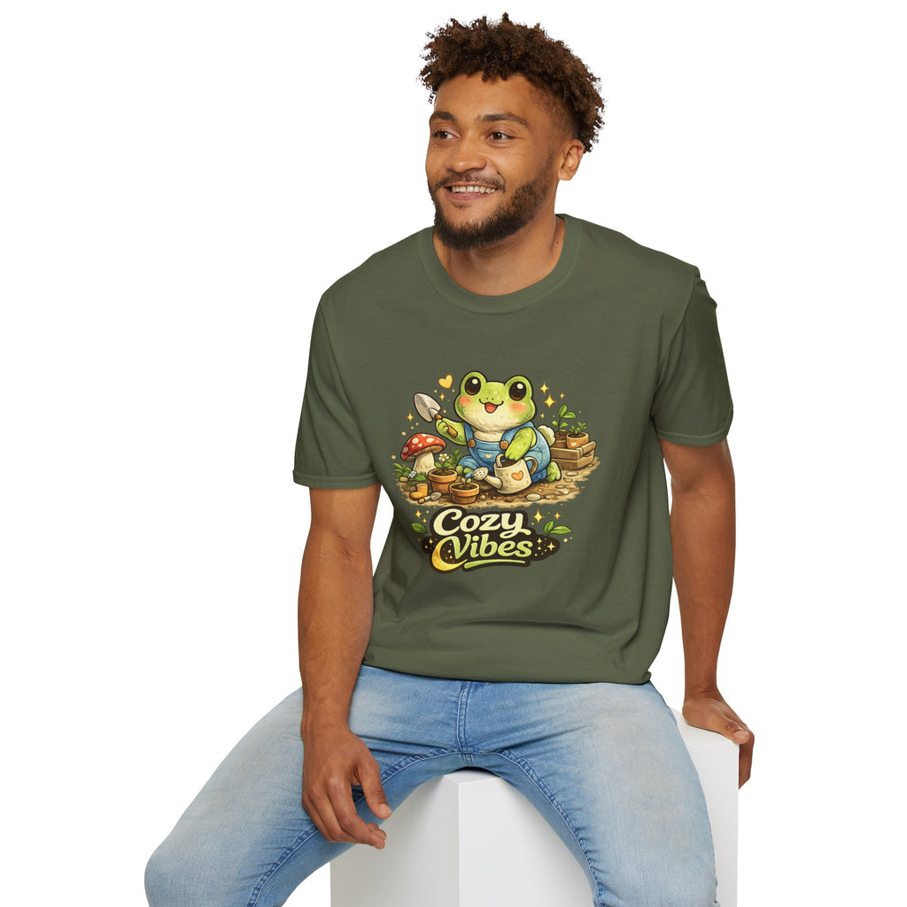 Cozy Garden Frog T-Shirt — Cute "Cozy Vibes" Gardening Tee