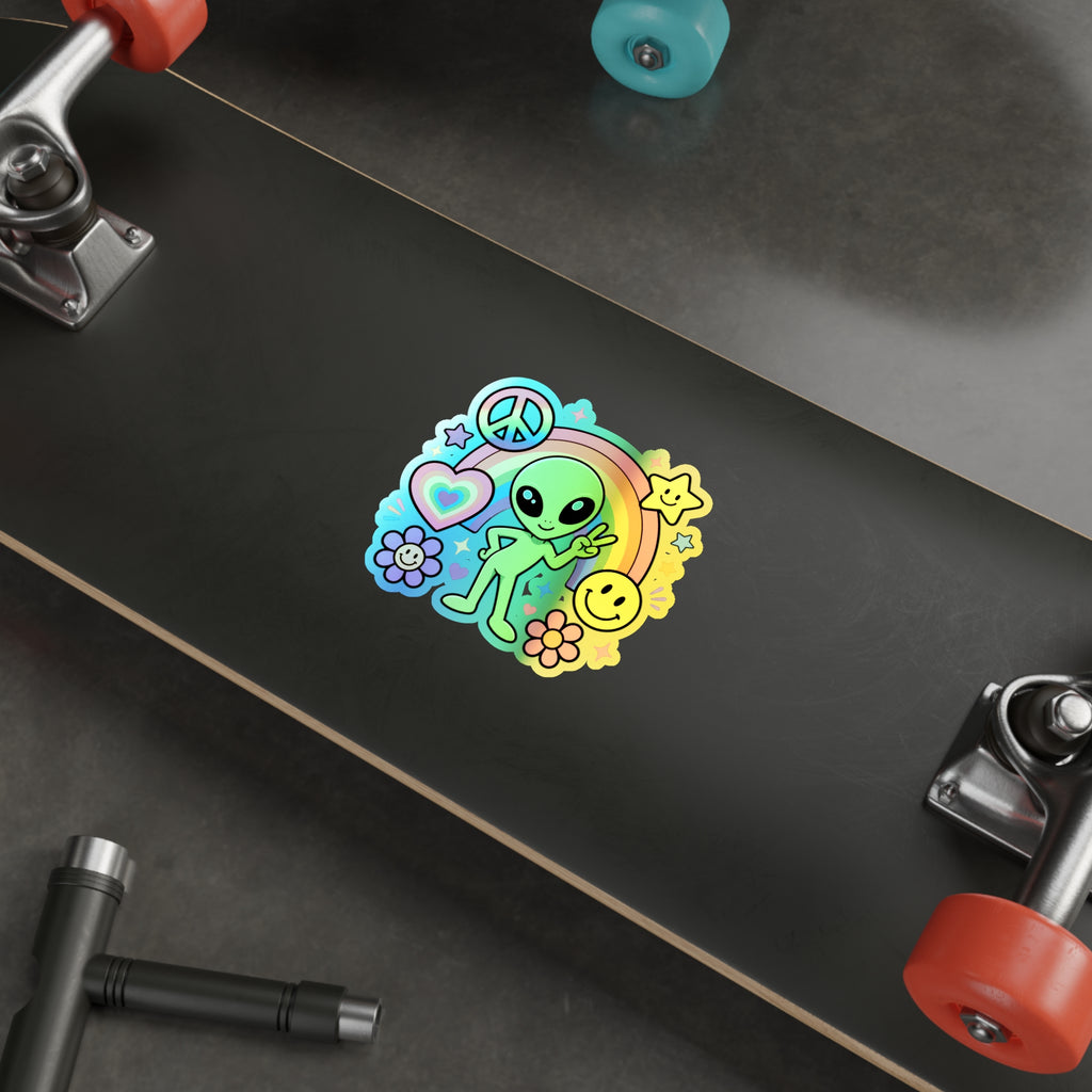 Holographic Alien Peace Sticker — Rainbow Psychedelic Die-Cut Sticker #03