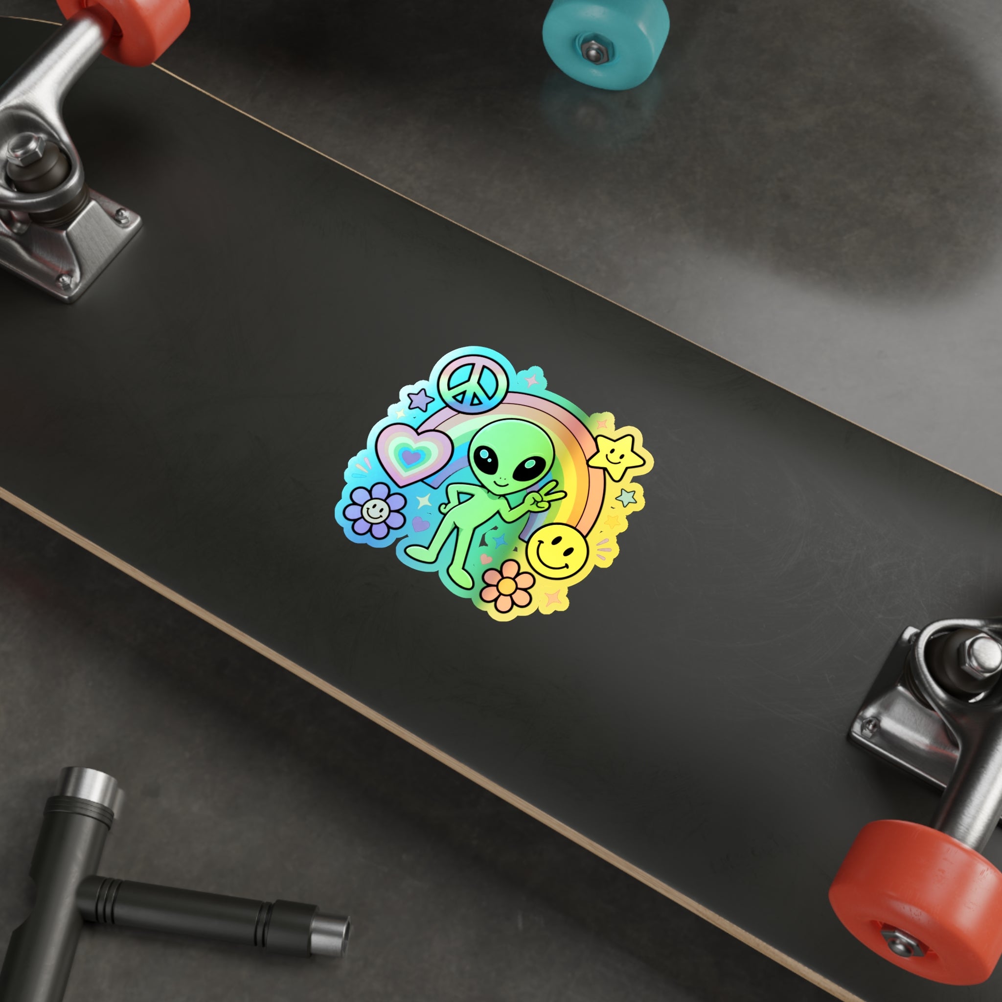 Holographic Alien Peace Sticker — Rainbow Psychedelic Die-Cut Sticker #03