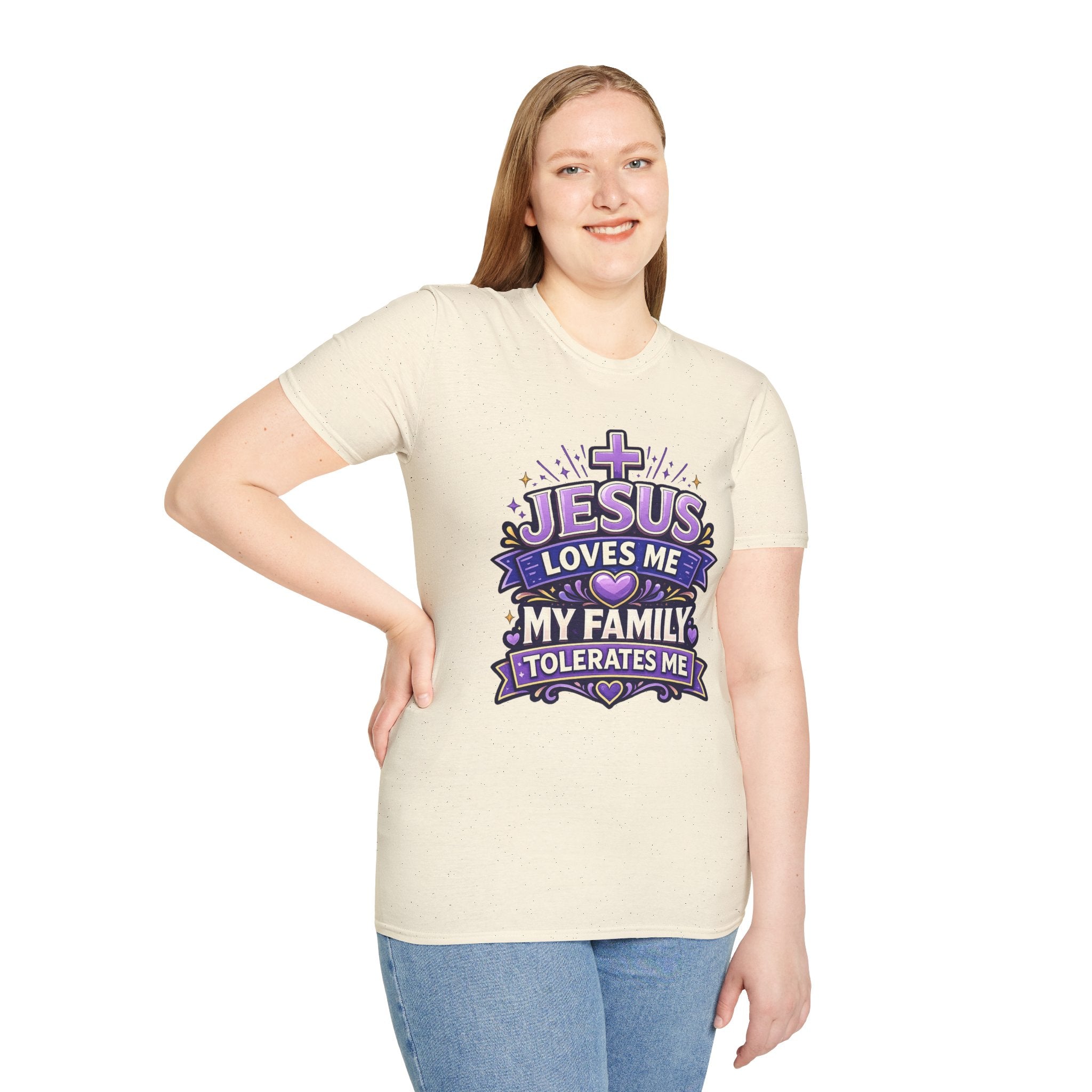 Christian T-Shirt — "Jesus Loves Me, My Family Tolerates Me" Graphic Tee
