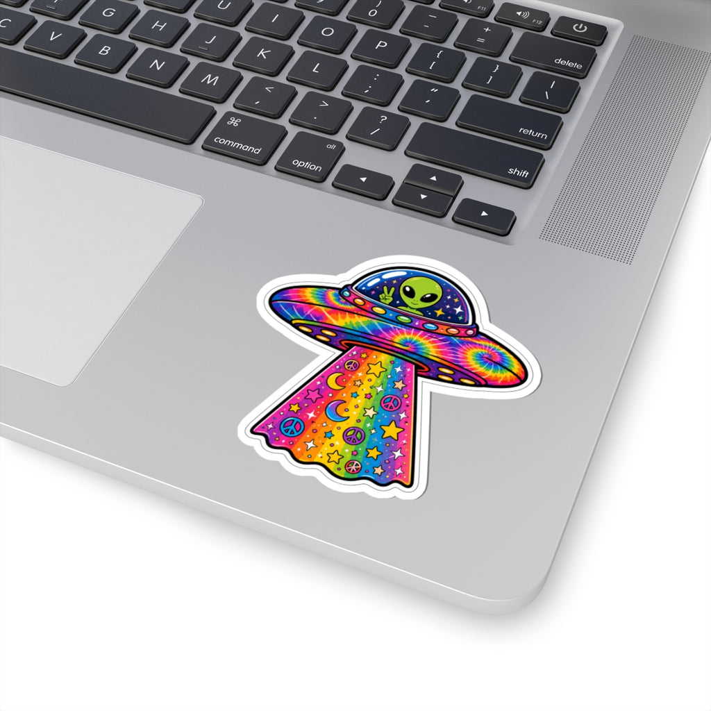 Psychedelic Alien UFO Sticker — Rainbow Tie-Dye Peace & Stars Kiss-Cut