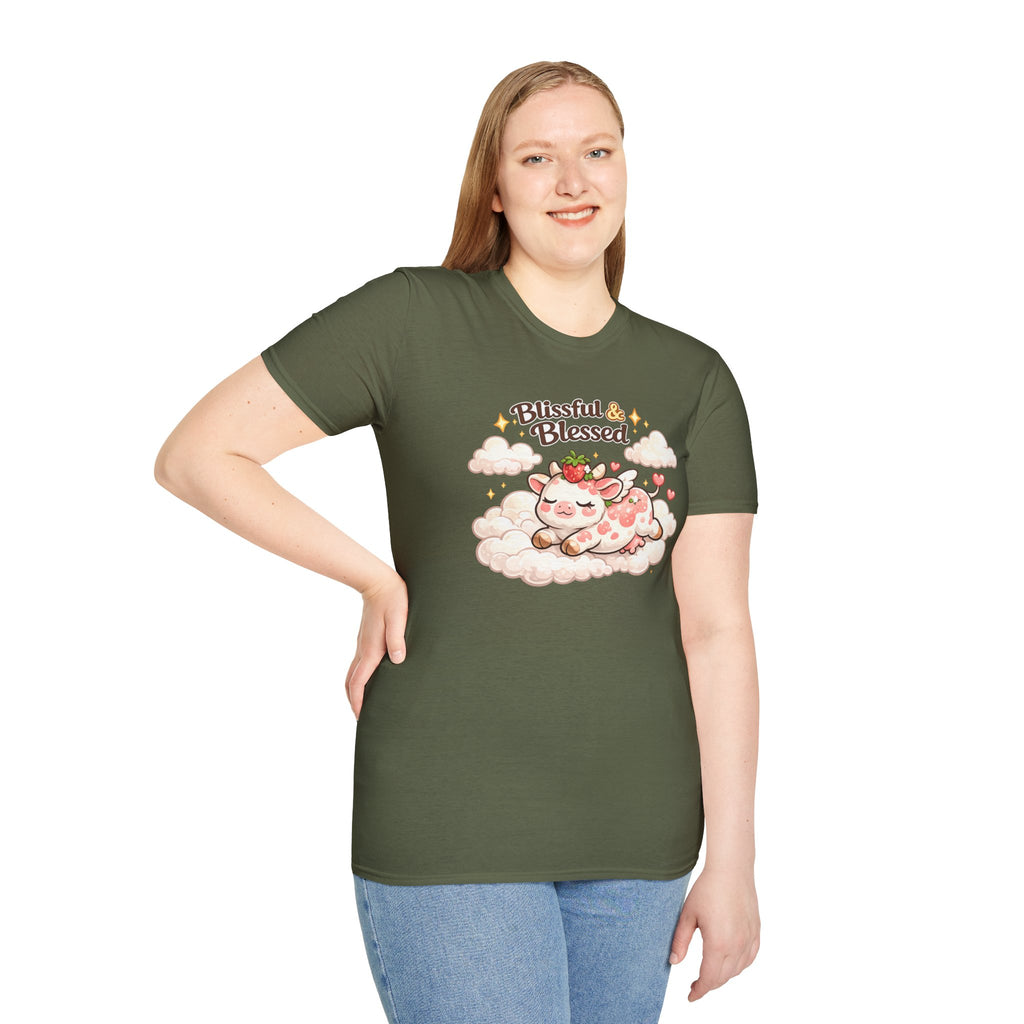 Blissful & Blessed Cute Strawberry Cow T-Shirt — Cozy Gift Tee