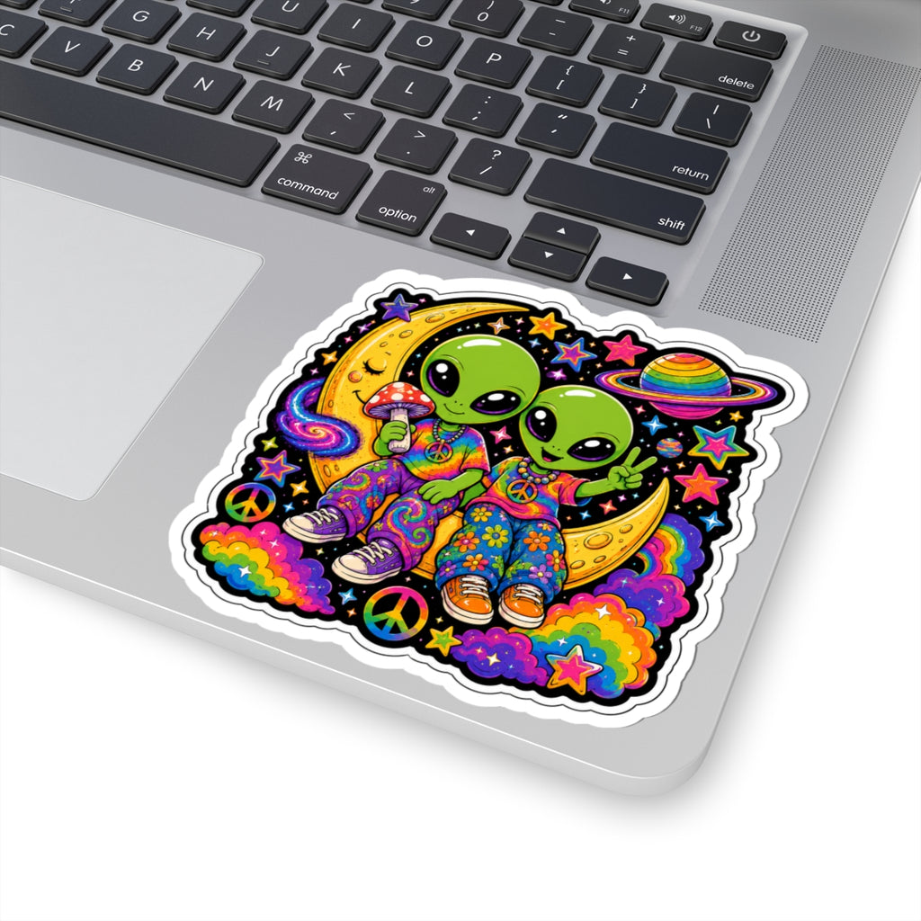 Psychedelic Alien Friends Sticker — Peace Sign, Rainbow Moon Kiss-Cut Sticker