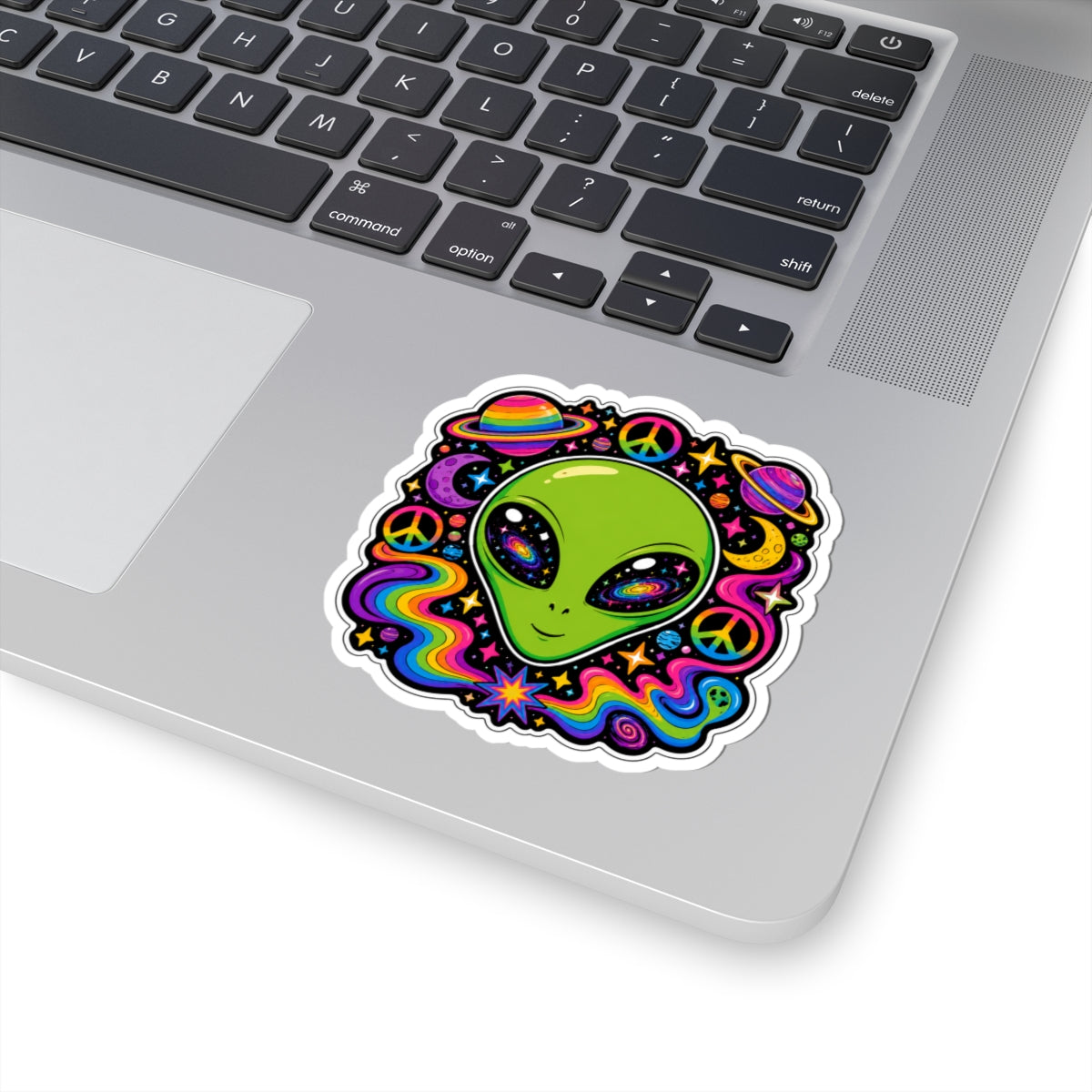 Psychedelic Alien Sticker — Retro Rainbow Peace Space Kiss-Cut Sticker