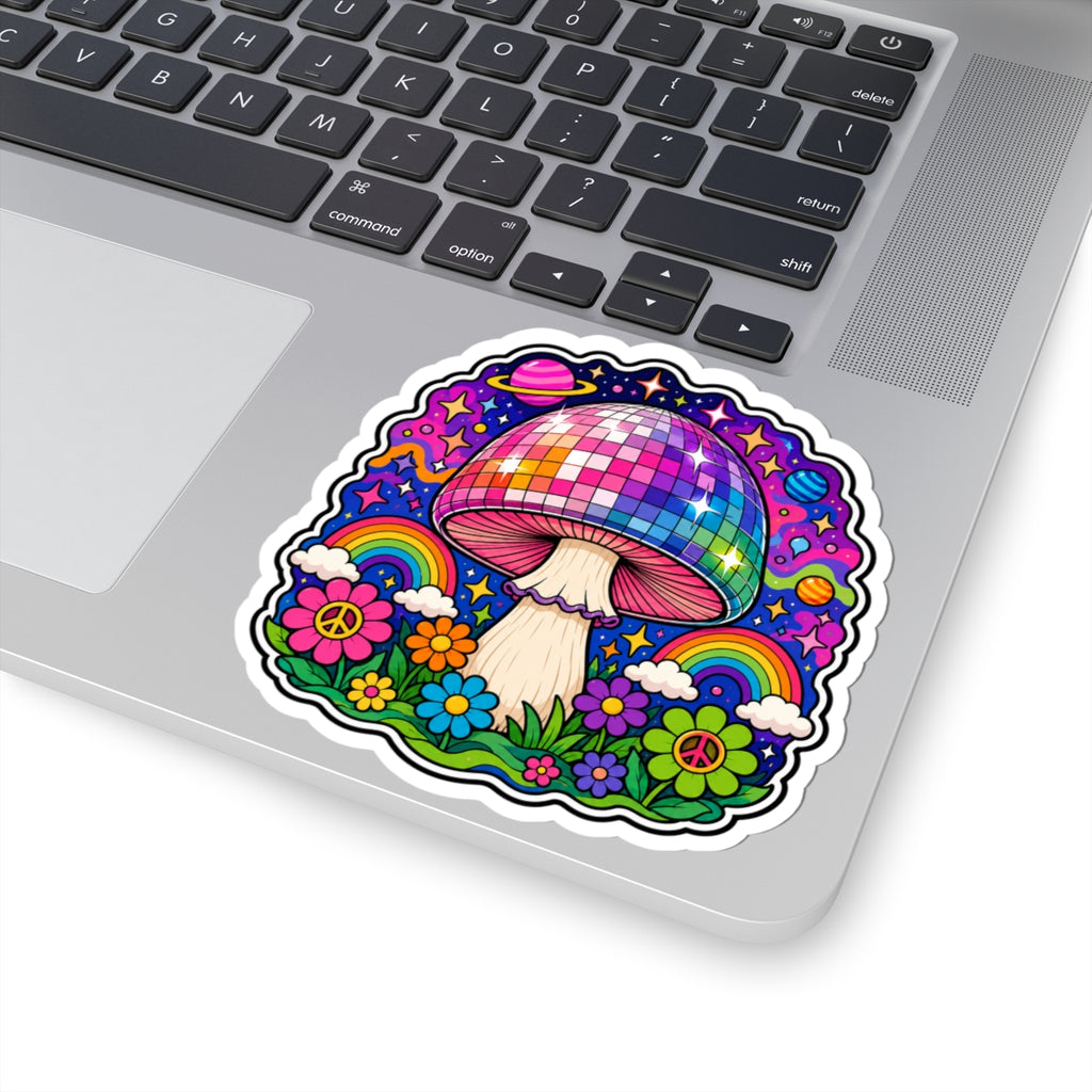 Psychedelic Disco Mushroom Sticker — Rainbow Retro Floral Kiss-Cut Vinyl