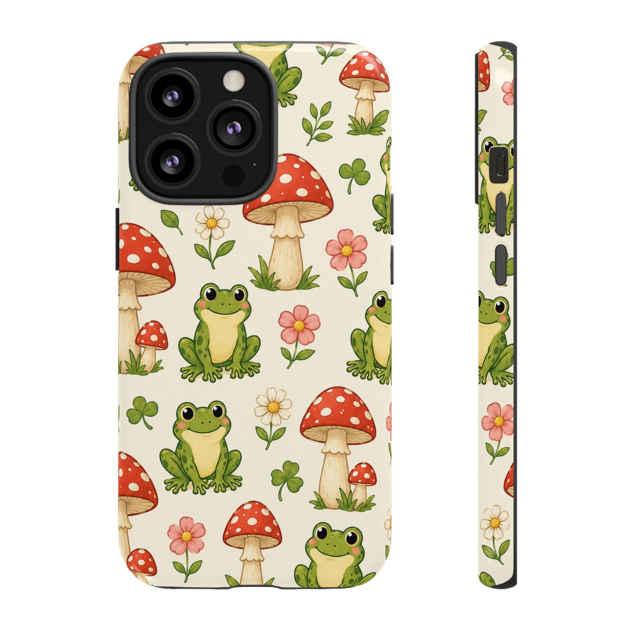 Kawaii Frog & Red Capped Mushroom Phone Case – Cute Nature Pattern Protective Cover