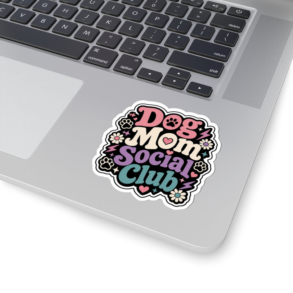 Dog Mom Social Club Sticker — Retro Floral Paw Print Kiss-Cut Sticker
