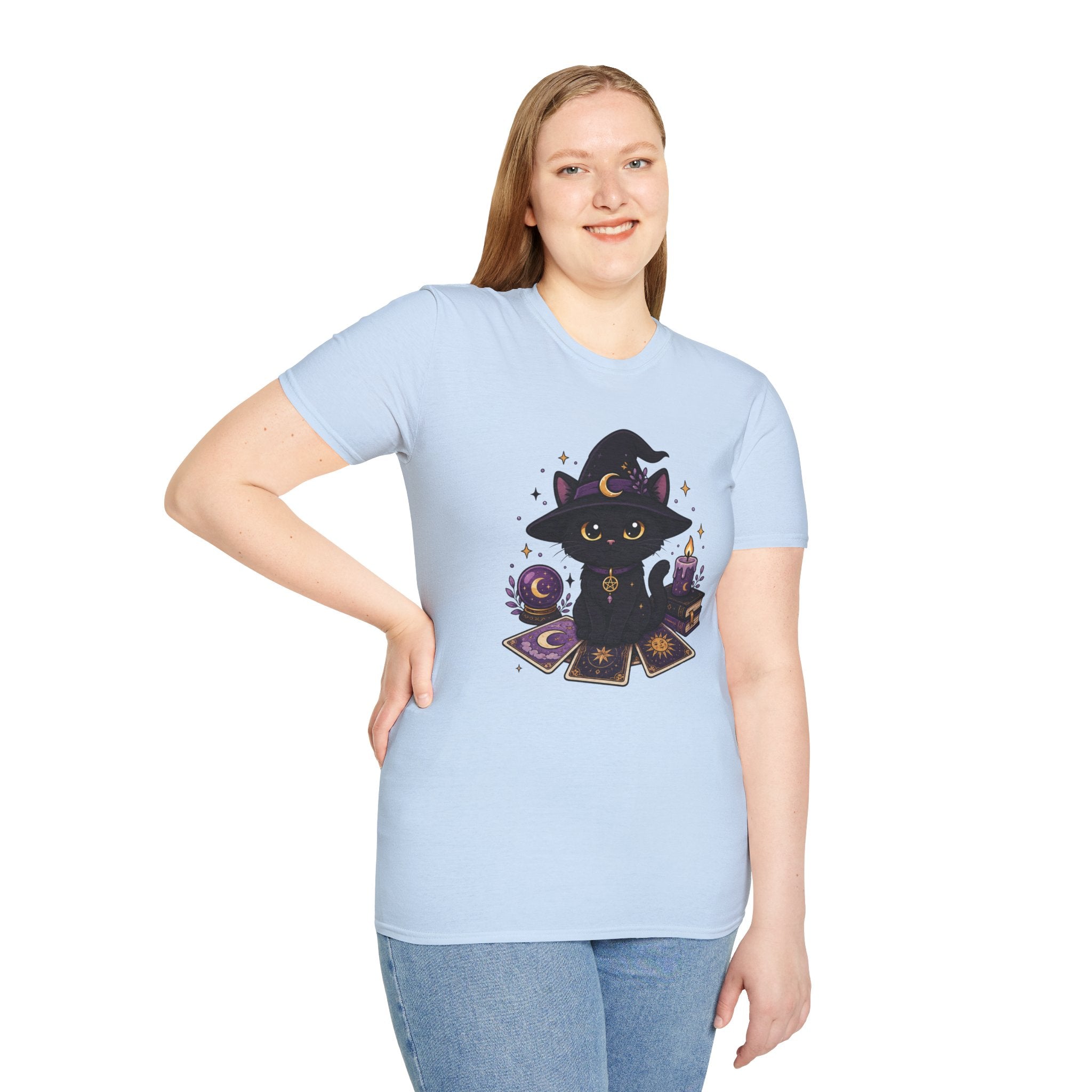 Tarot Cat T-Shirt — Cute Black Cat with Witch Hat & Tarot Candles